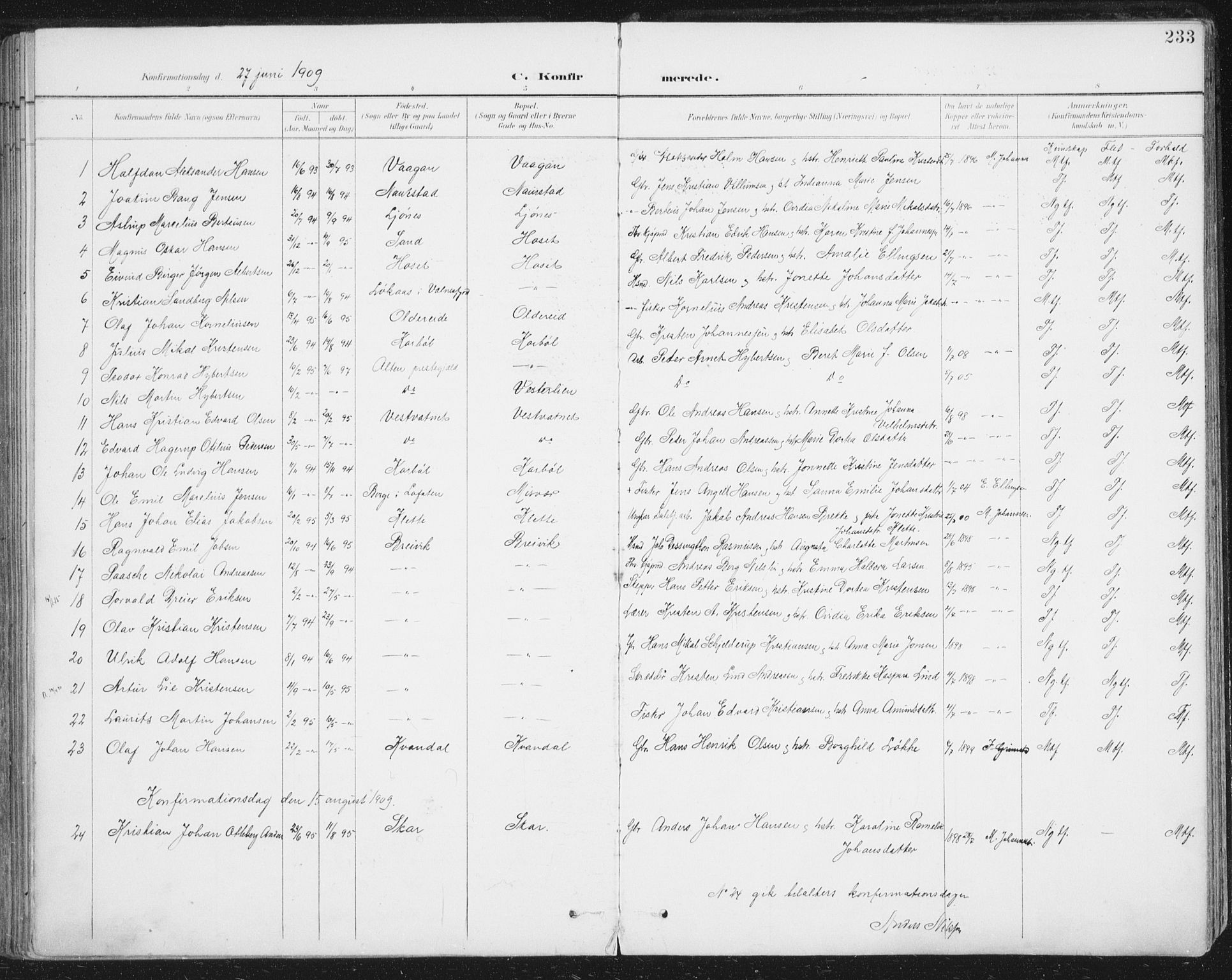 Ministerialprotokoller, klokkerbøker og fødselsregistre - Nordland, SAT/A-1459/852/L0741: Parish register (official) no. 852A11, 1894-1917, p. 233