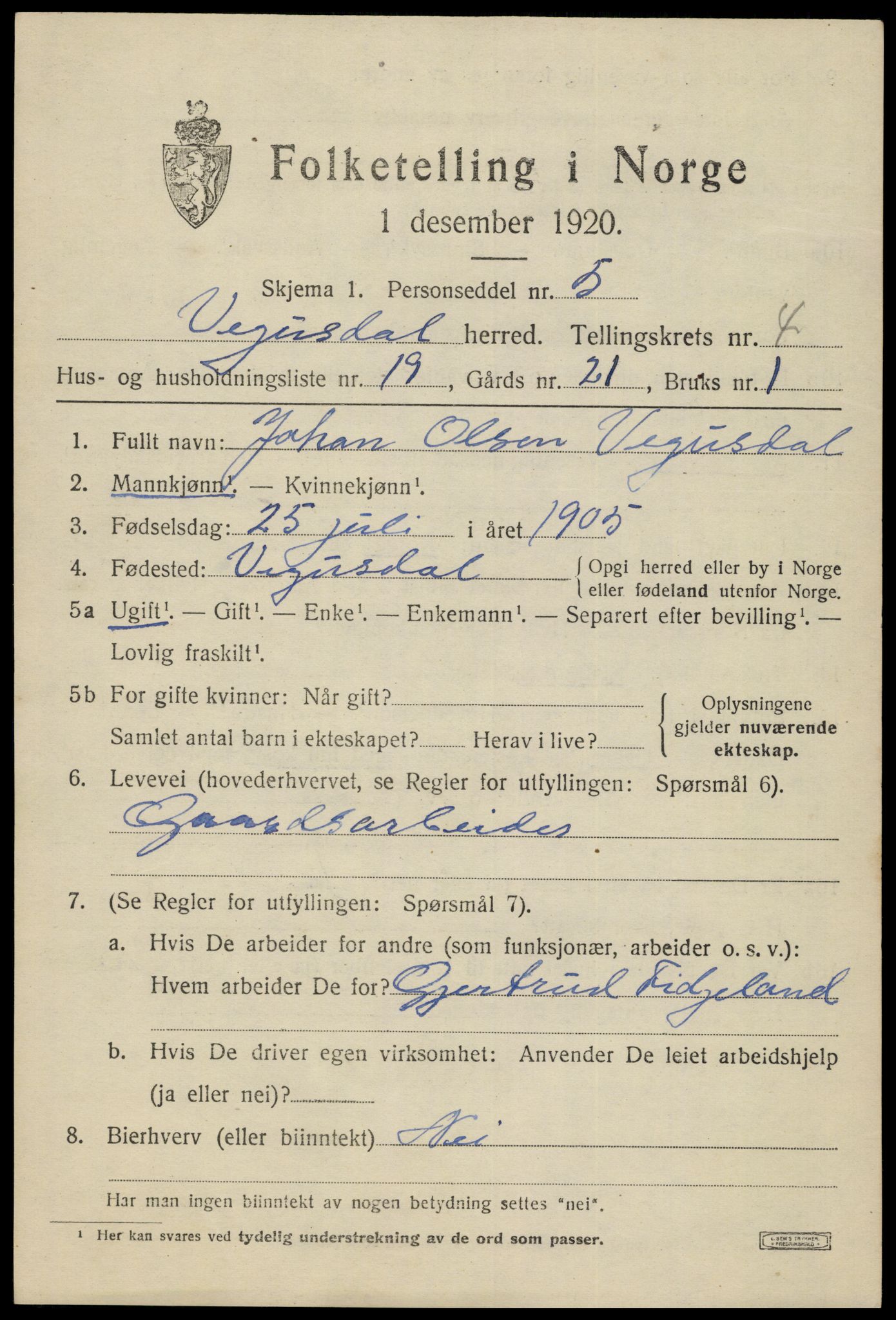 SAK, 1920 census for Vegusdal, 1920, p. 1271