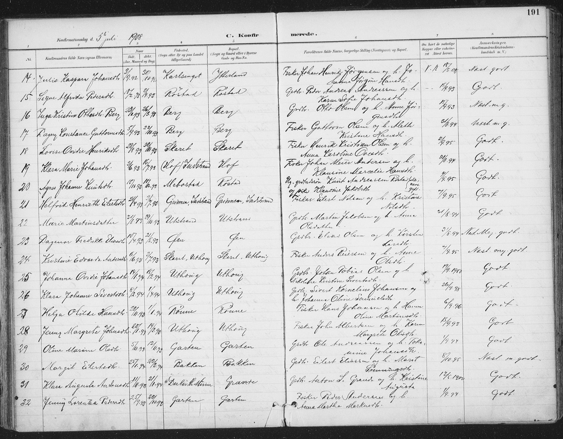 Ministerialprotokoller, klokkerbøker og fødselsregistre - Sør-Trøndelag, AV/SAT-A-1456/659/L0743: Parish register (official) no. 659A13, 1893-1910, p. 191