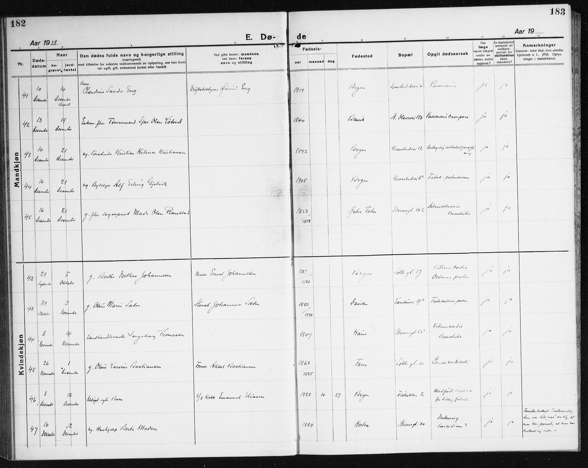 Årstad Sokneprestembete, AV/SAB-A-79301/H/Haa/L0010: Parish register (official) no. E 1, 1921-1940, p. 182-183