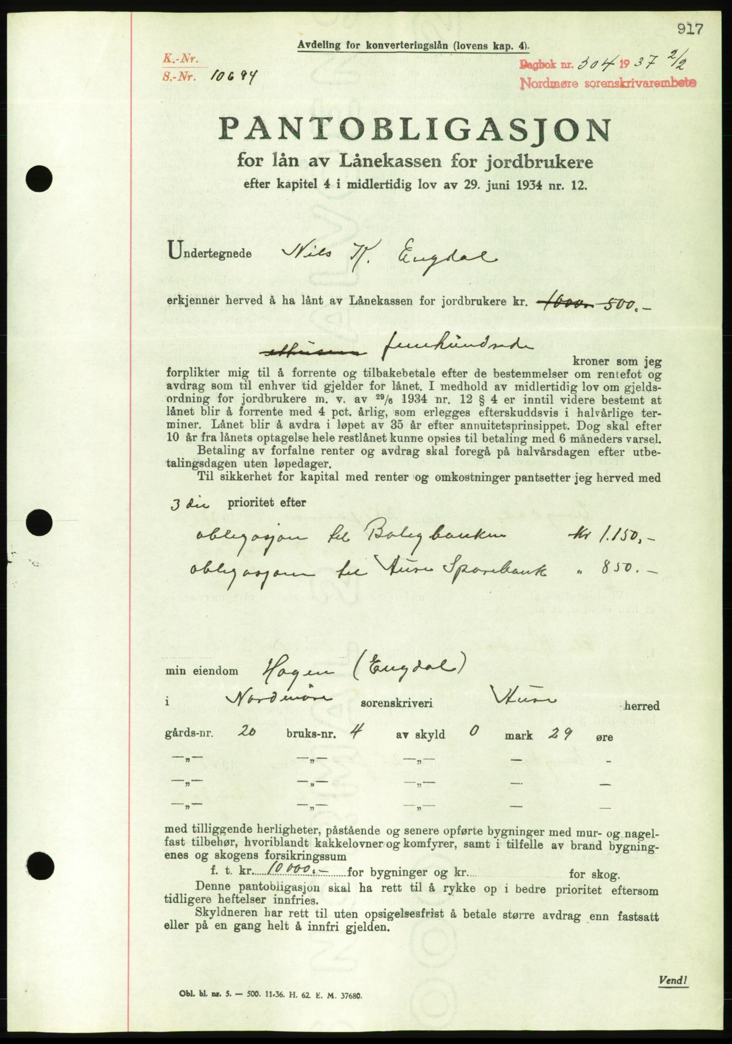 Nordmøre sorenskriveri, AV/SAT-A-4132/1/2/2Ca/L0090: Mortgage book no. B80, 1936-1937, Diary no: : 304/1937