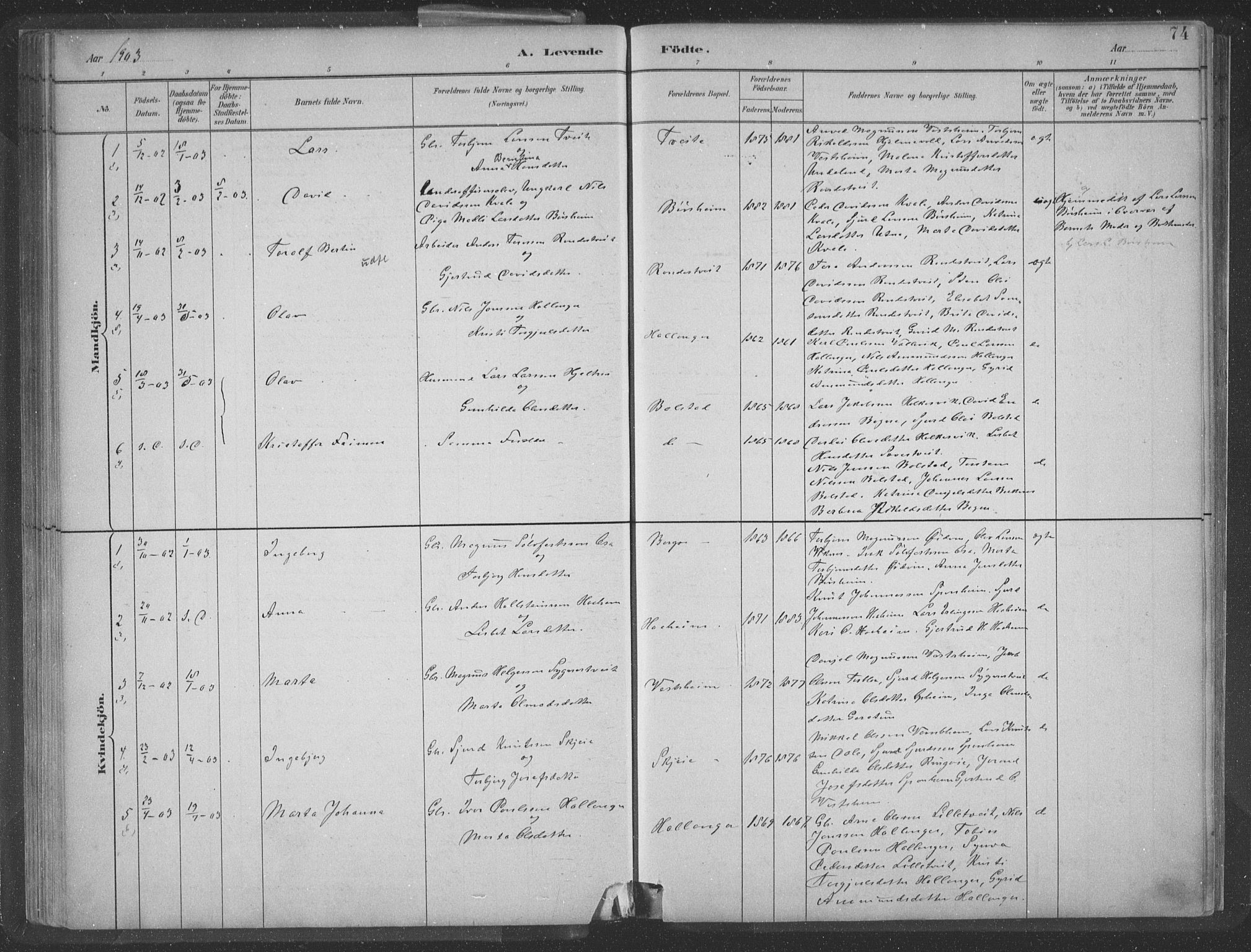 Ulvik sokneprestembete, SAB/A-78801/H/Hab: Parish register (copy) no. A 3, 1883-1908, p. 74