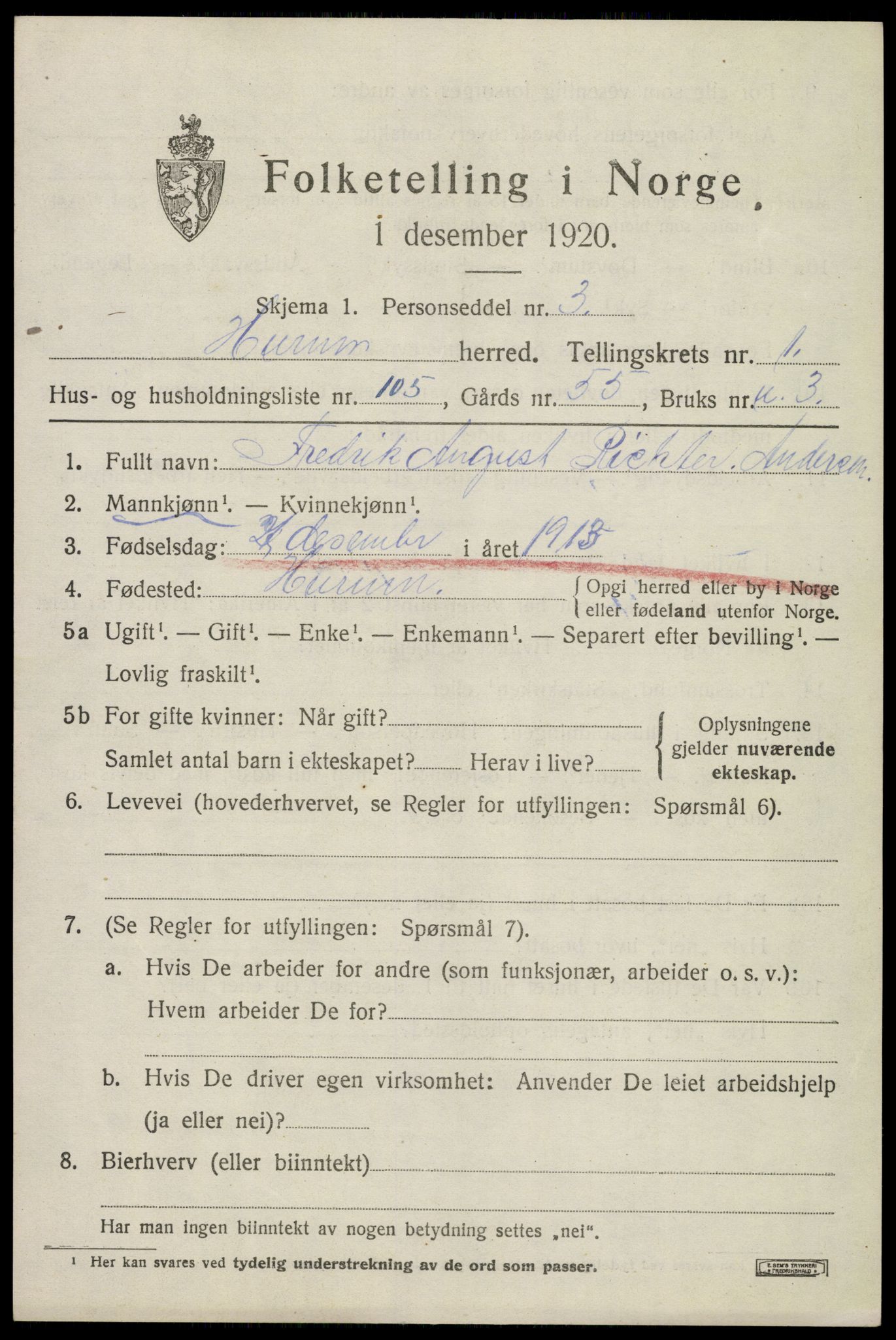 SAKO, 1920 census for Hurum, 1920, p. 3116