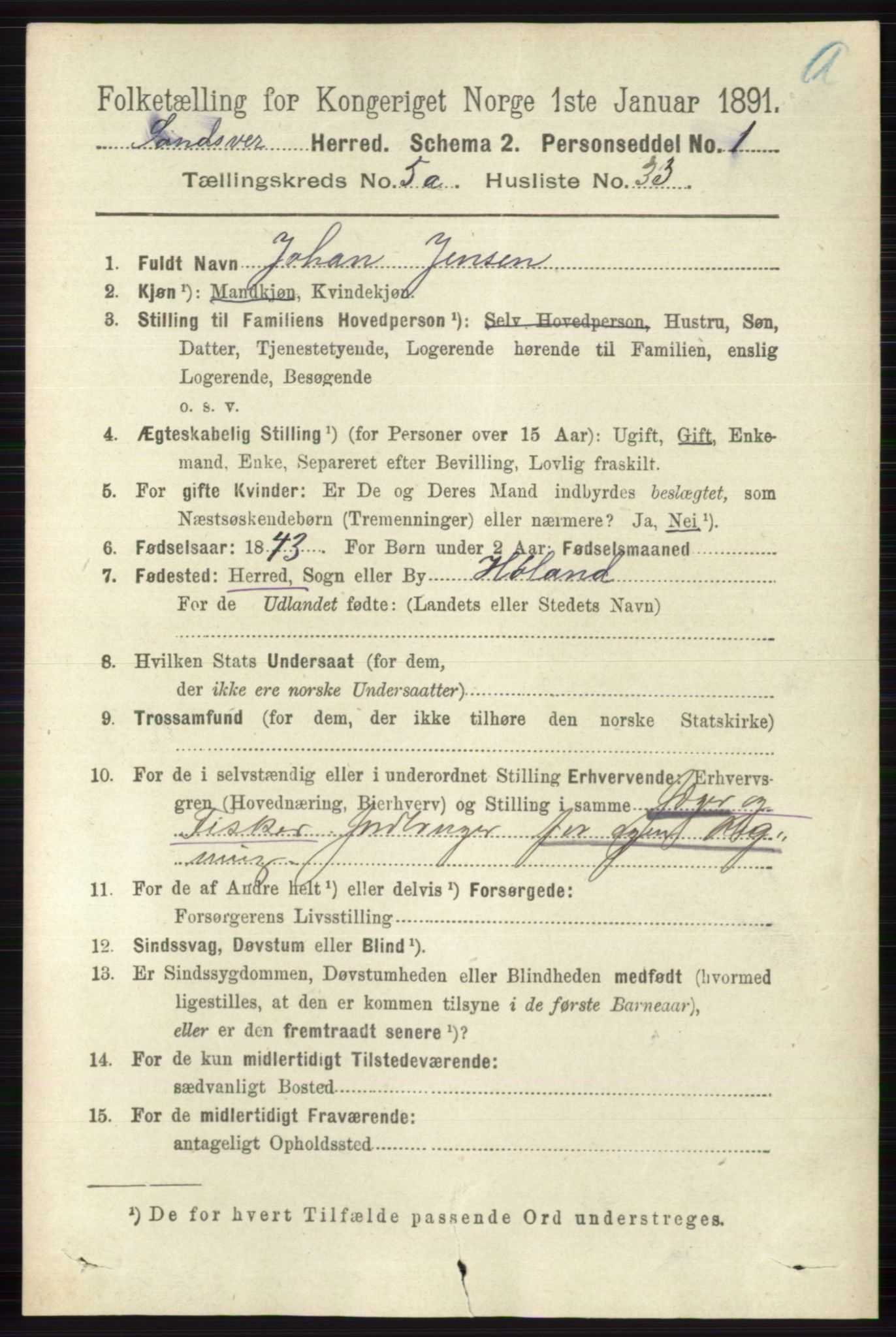 RA, 1891 census for 0629 Sandsvær, 1891, p. 2675