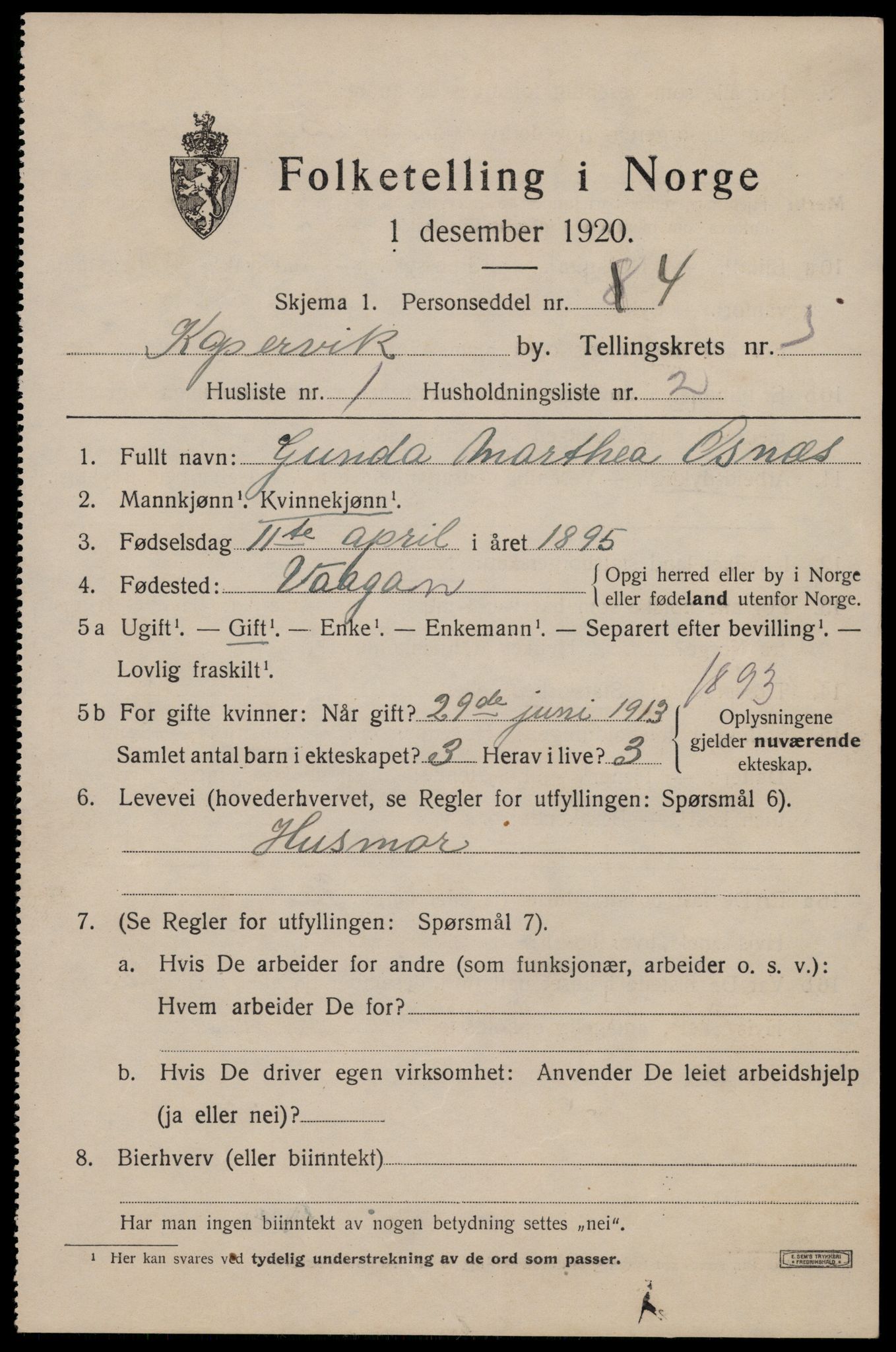 SAST, 1920 census for Kopervik, 1920, p. 4106