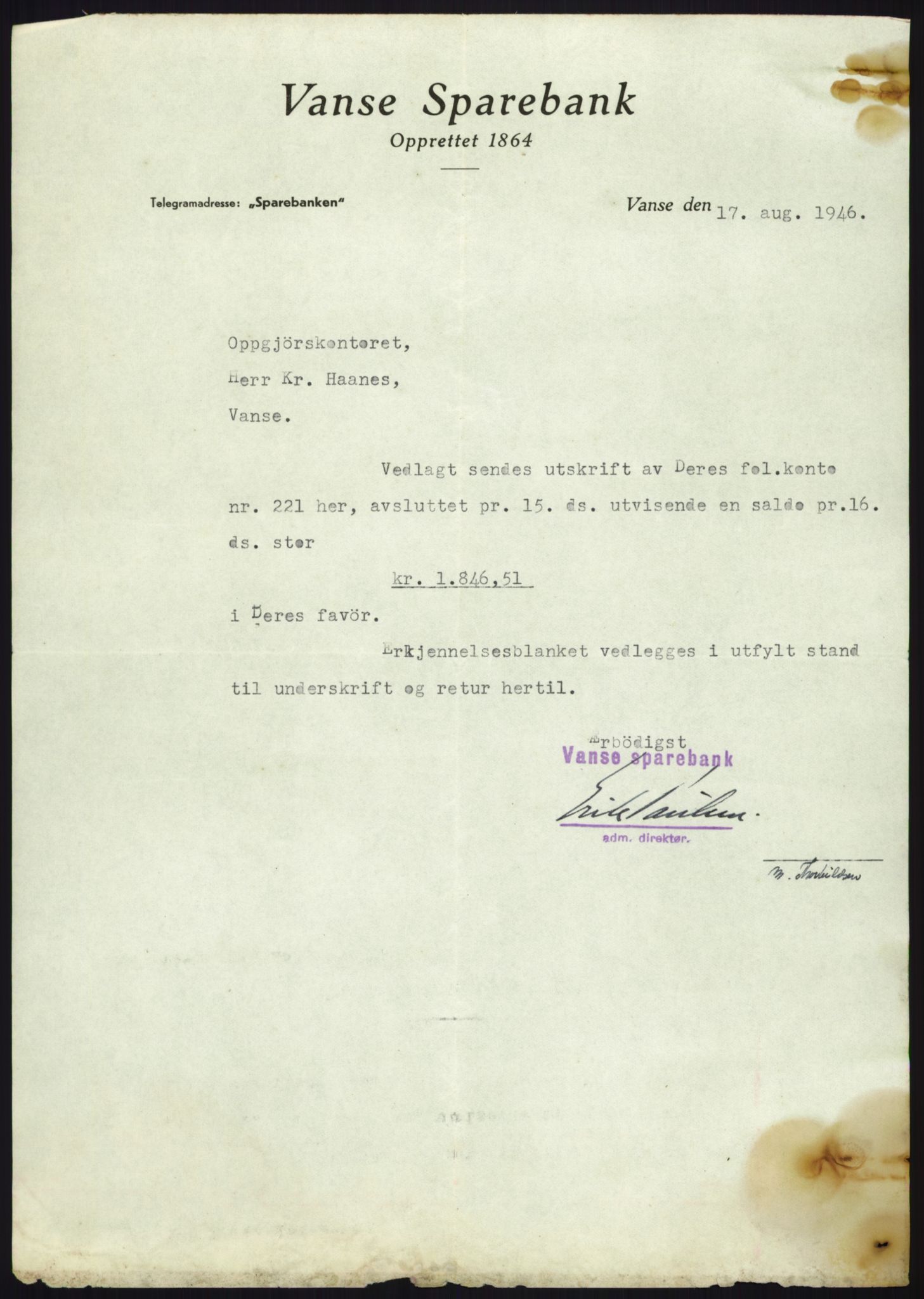 Forsvarsdepartementet, 10. kontor / Oppgjørskontoret, AV/RA-RAFA-1225/D/Db/L0180: Lista oppgjørskontor, 1942-1952, p. 2105