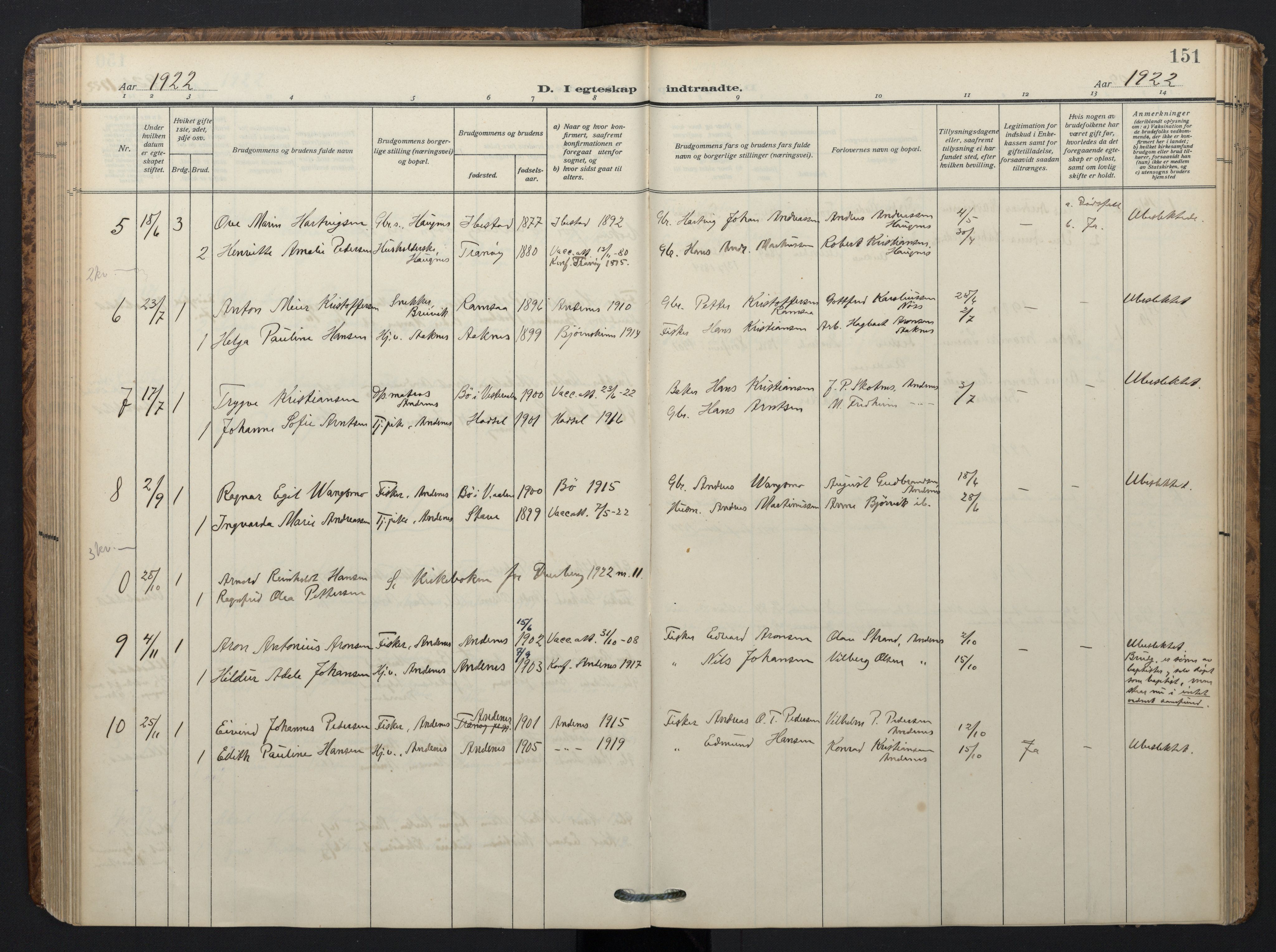 Ministerialprotokoller, klokkerbøker og fødselsregistre - Nordland, SAT/A-1459/899/L1438: Parish register (official) no. 899A06, 1909-1922, p. 151