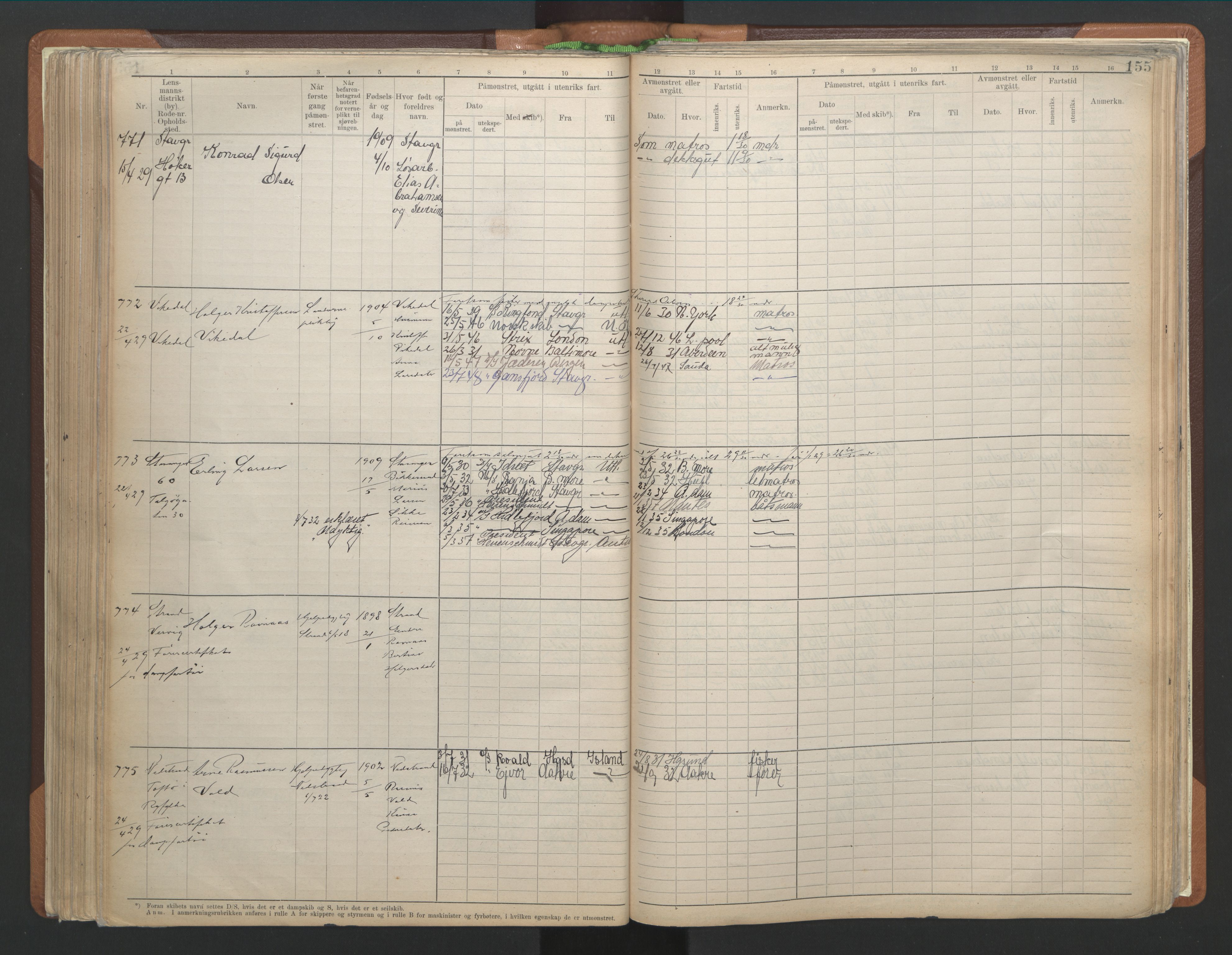 Stavanger sjømannskontor, AV/SAST-A-102006/F/Fb/Fbb/L0013: Sjøfartshovedrulle A, patentnr. 1-1495 (del 1), 1921-1933, p. 161