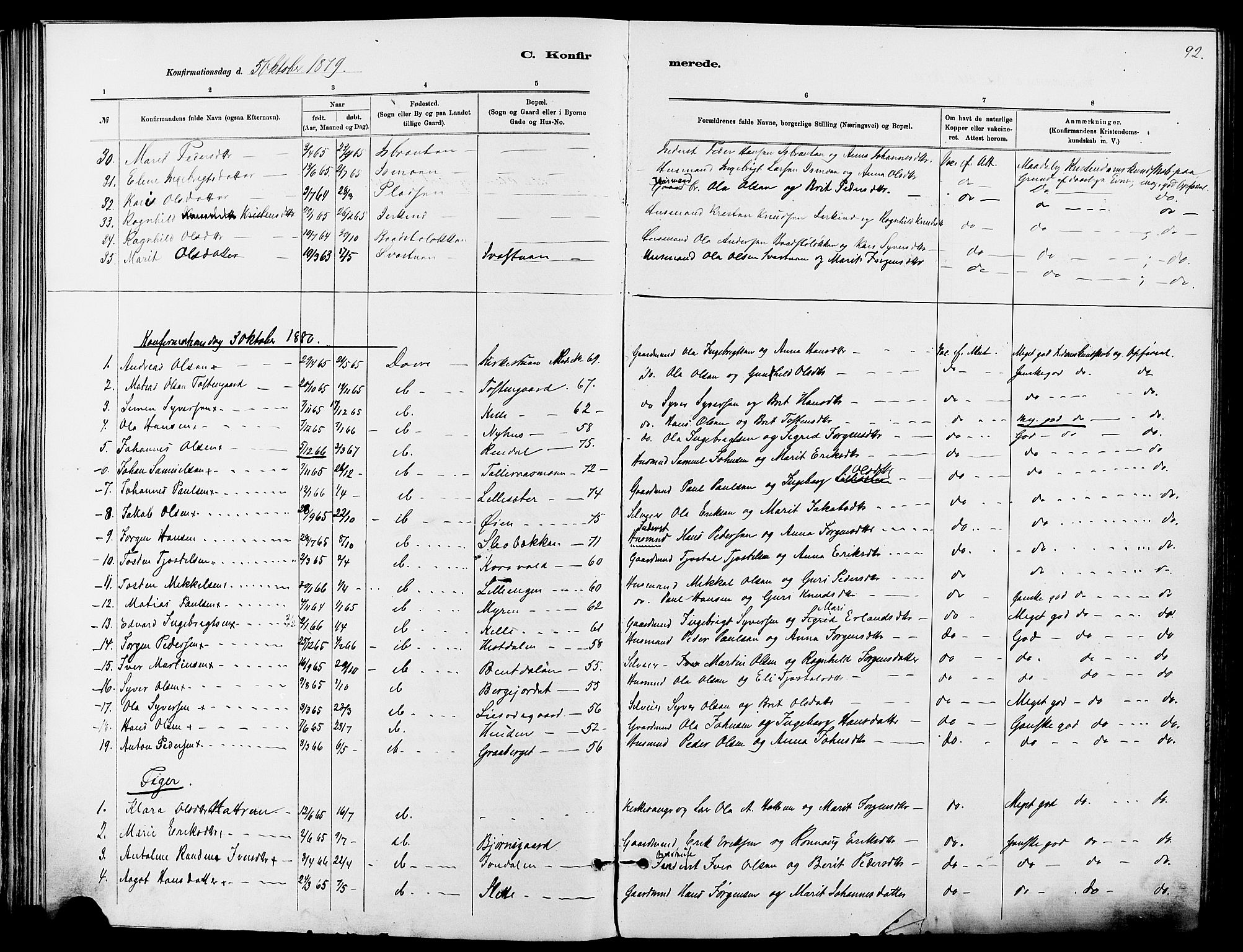 Dovre prestekontor, SAH/PREST-066/H/Ha/Haa/L0002: Parish register (official) no. 2, 1879-1890, p. 92