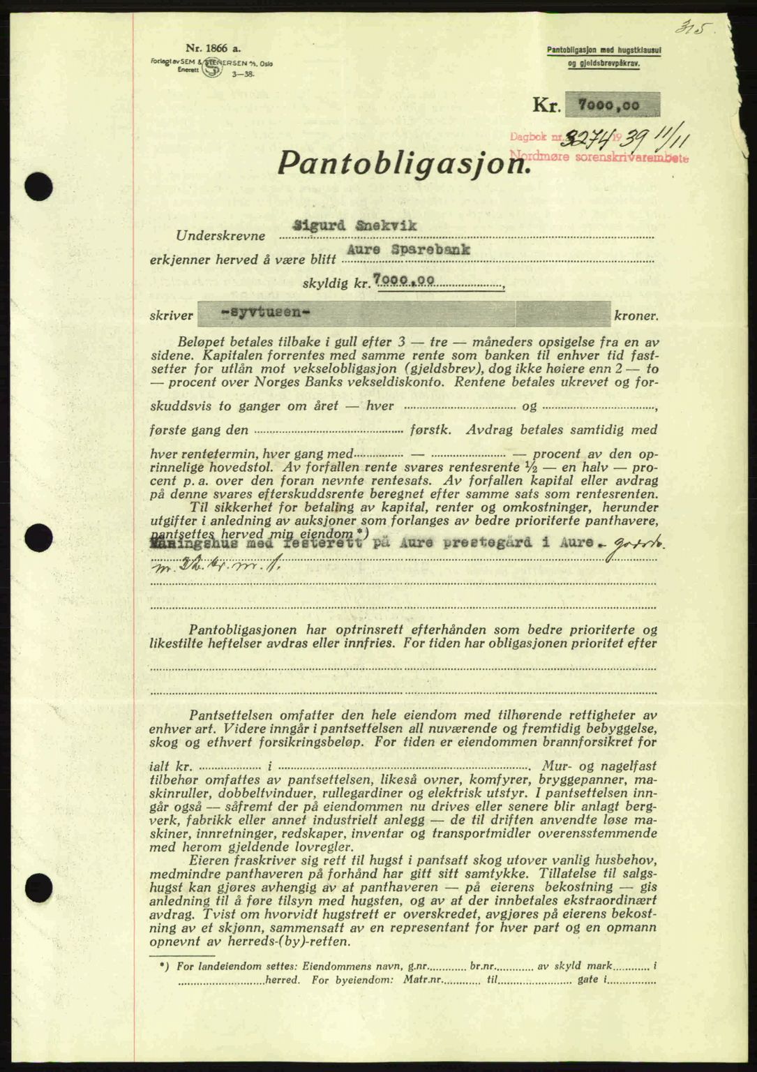 Nordmøre sorenskriveri, AV/SAT-A-4132/1/2/2Ca: Mortgage book no. B86, 1939-1940, Diary no: : 3274/1939