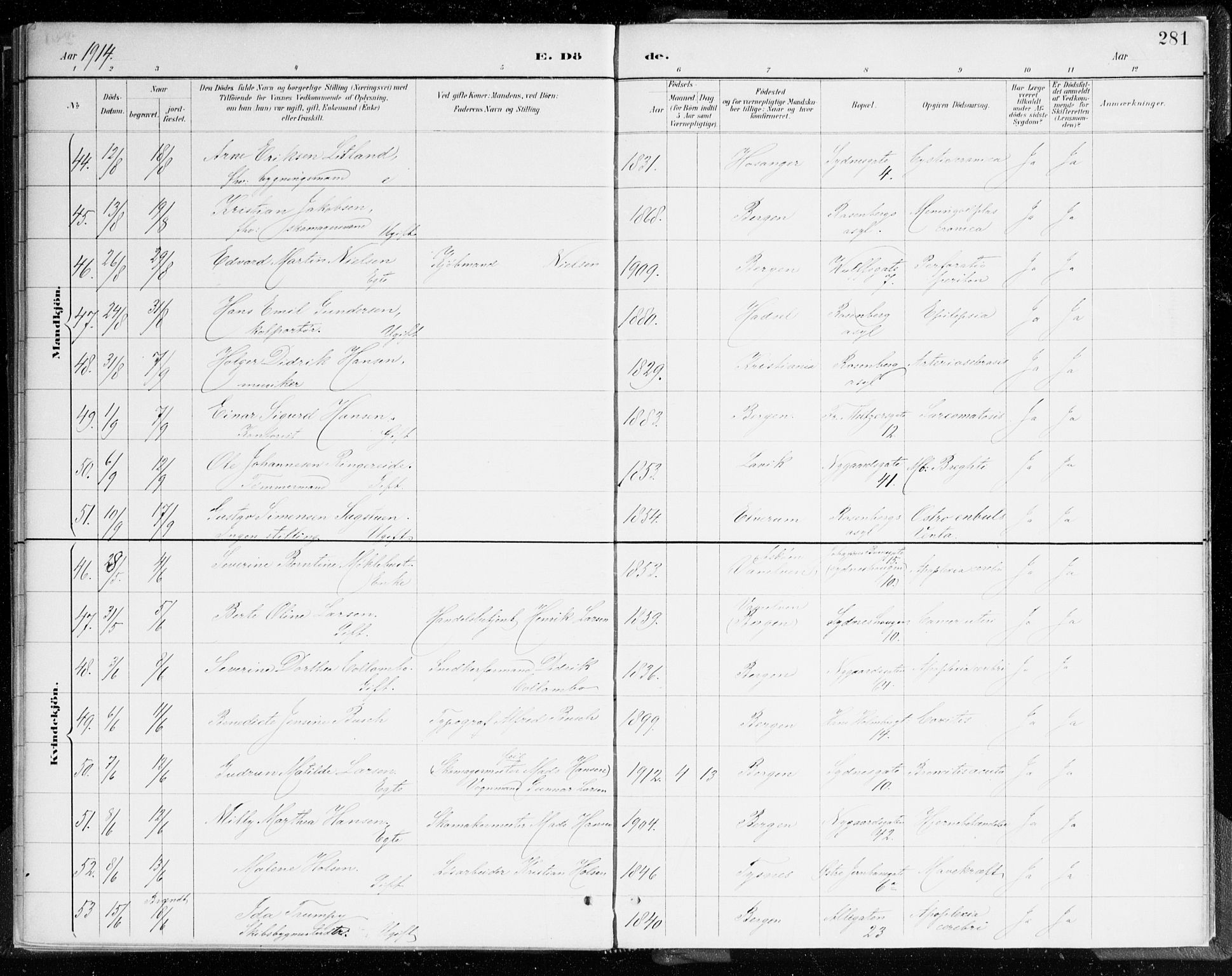 Johanneskirken sokneprestembete, AV/SAB-A-76001/H/Haa/L0019: Parish register (official) no. E 1, 1885-1915, p. 281