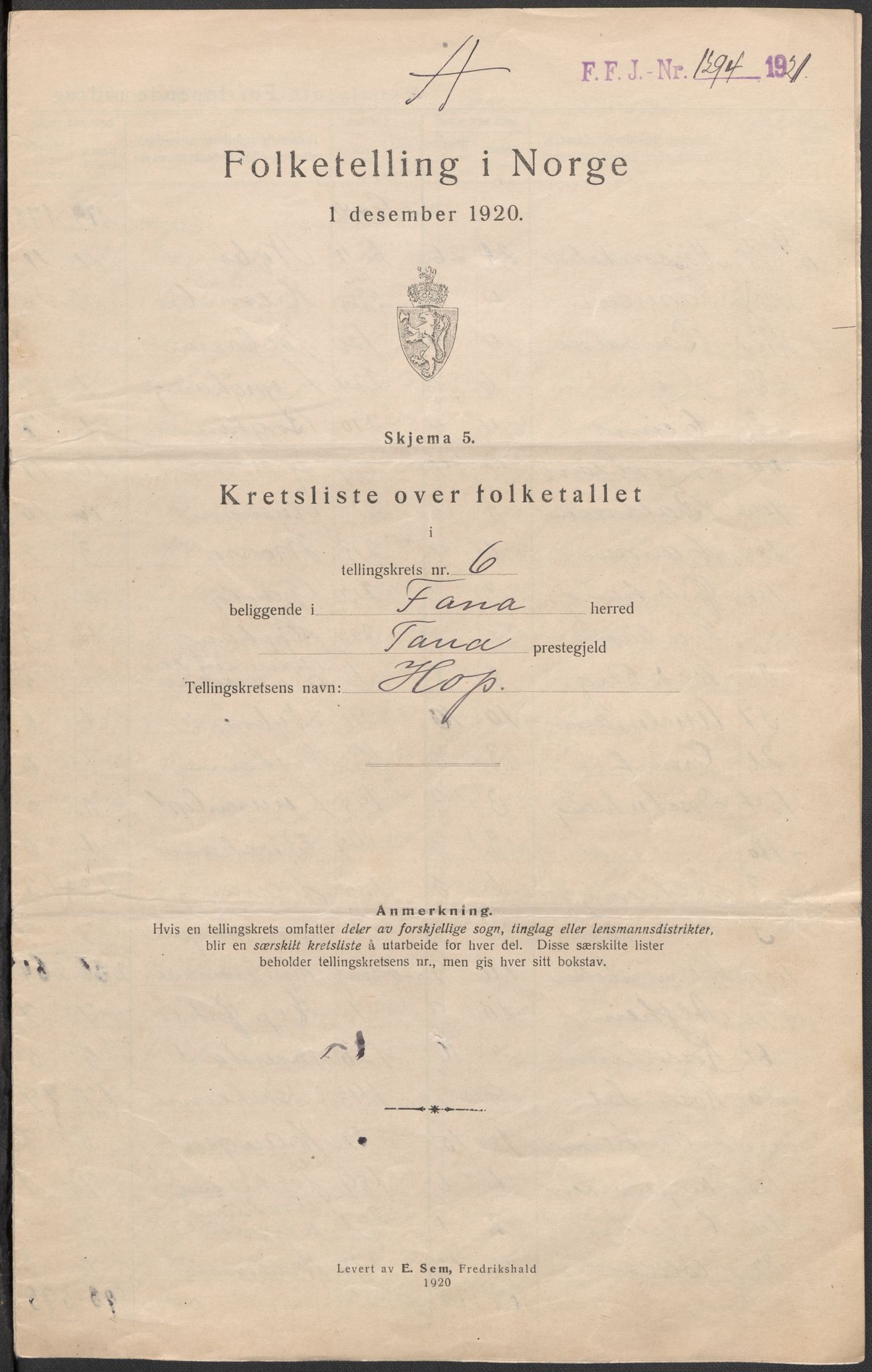 SAB, 1920 census for Fana, 1920, p. 30