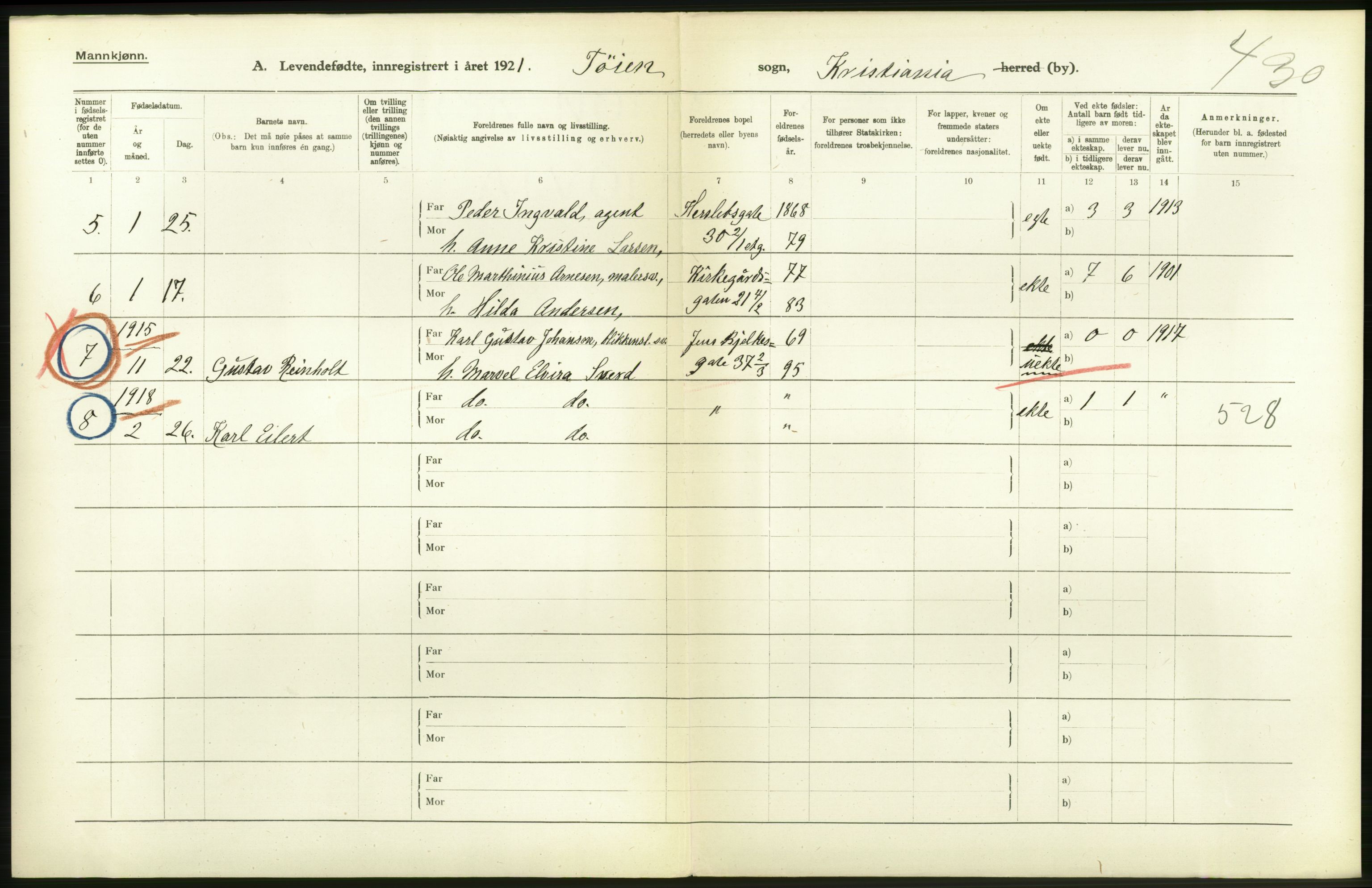 Statistisk sentralbyrå, Sosiodemografiske emner, Befolkning, RA/S-2228/D/Df/Dfc/Dfca/L0009: Kristiania: Levendefødte menn og kvinner., 1921, p. 274