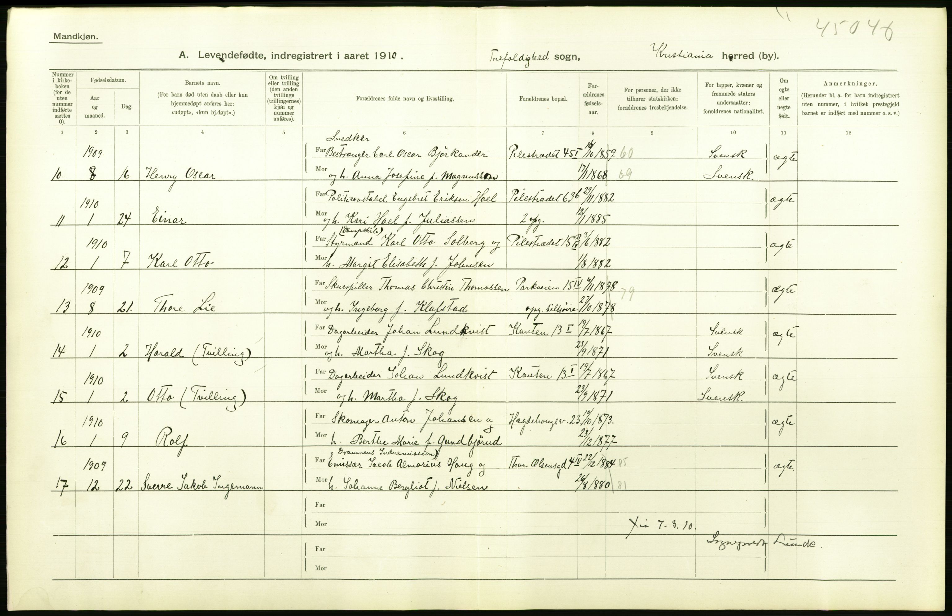 Statistisk sentralbyrå, Sosiodemografiske emner, Befolkning, RA/S-2228/D/Df/Dfa/Dfah/L0006: Kristiania: Levendefødte menn., 1910, p. 582