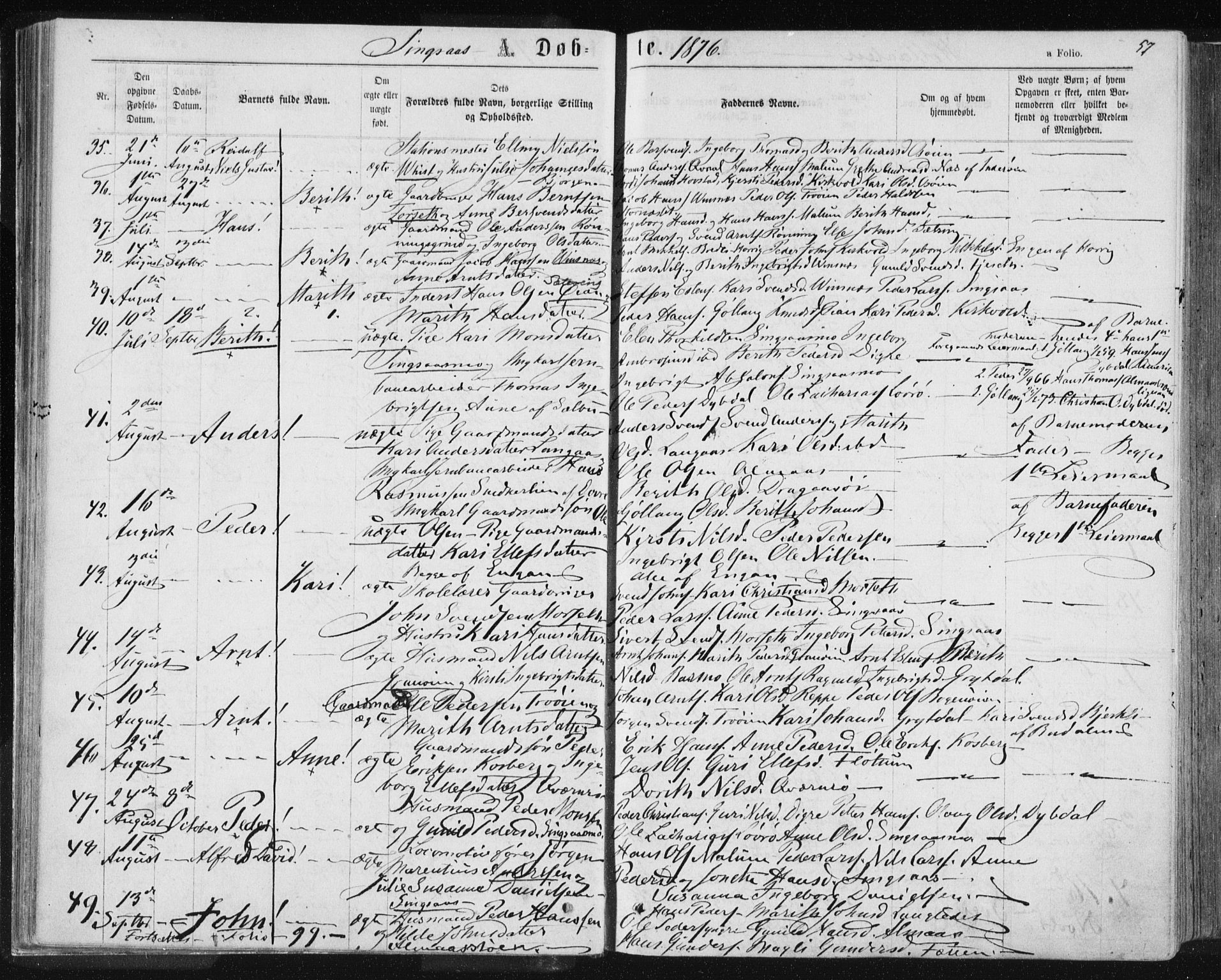 Ministerialprotokoller, klokkerbøker og fødselsregistre - Sør-Trøndelag, SAT/A-1456/685/L0970: Parish register (official) no. 685A08 /2, 1870-1878, p. 57