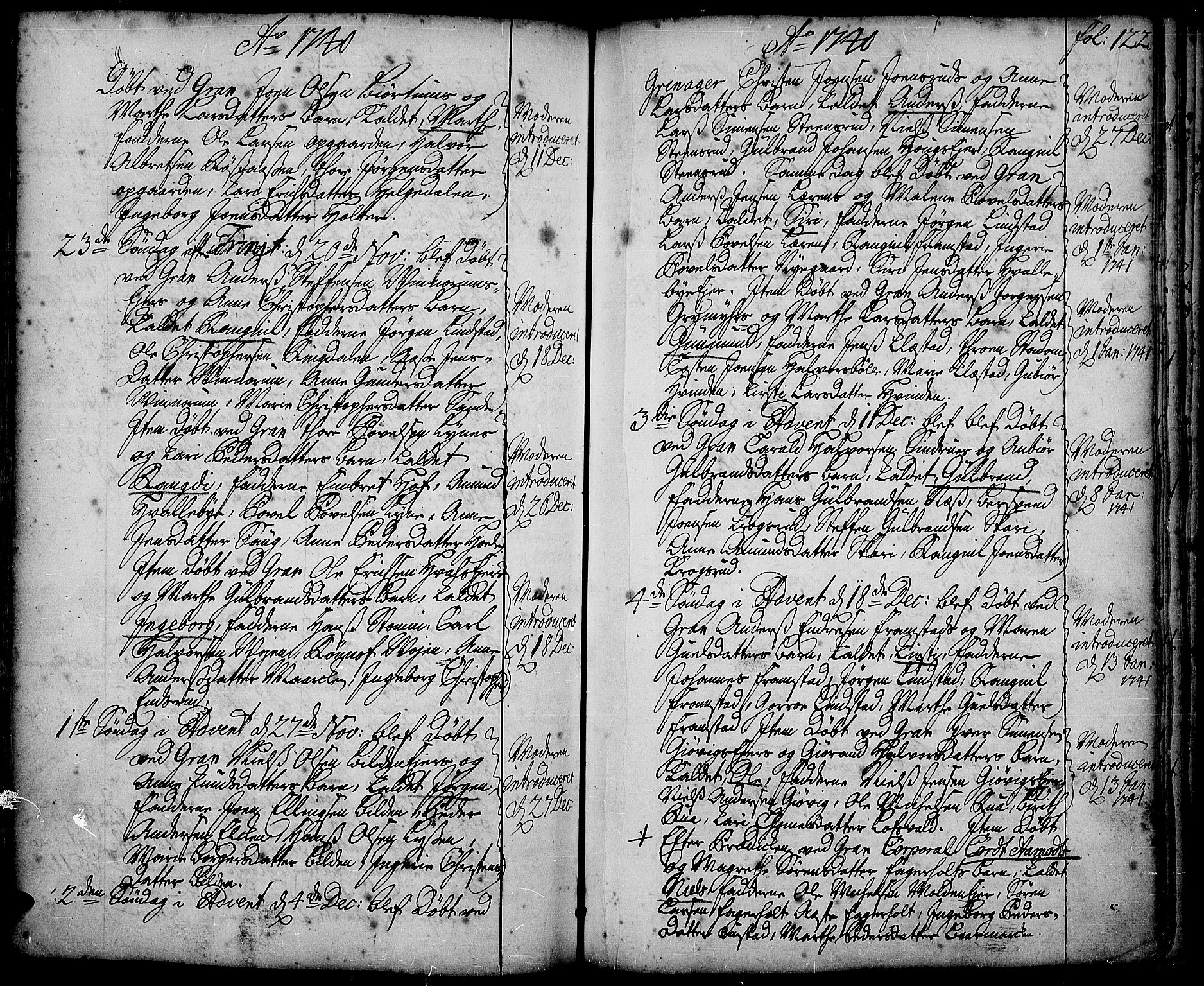 Gran prestekontor, SAH/PREST-112/H/Ha/Haa/L0002: Parish register (official) no. 2, 1732-1744, p. 122