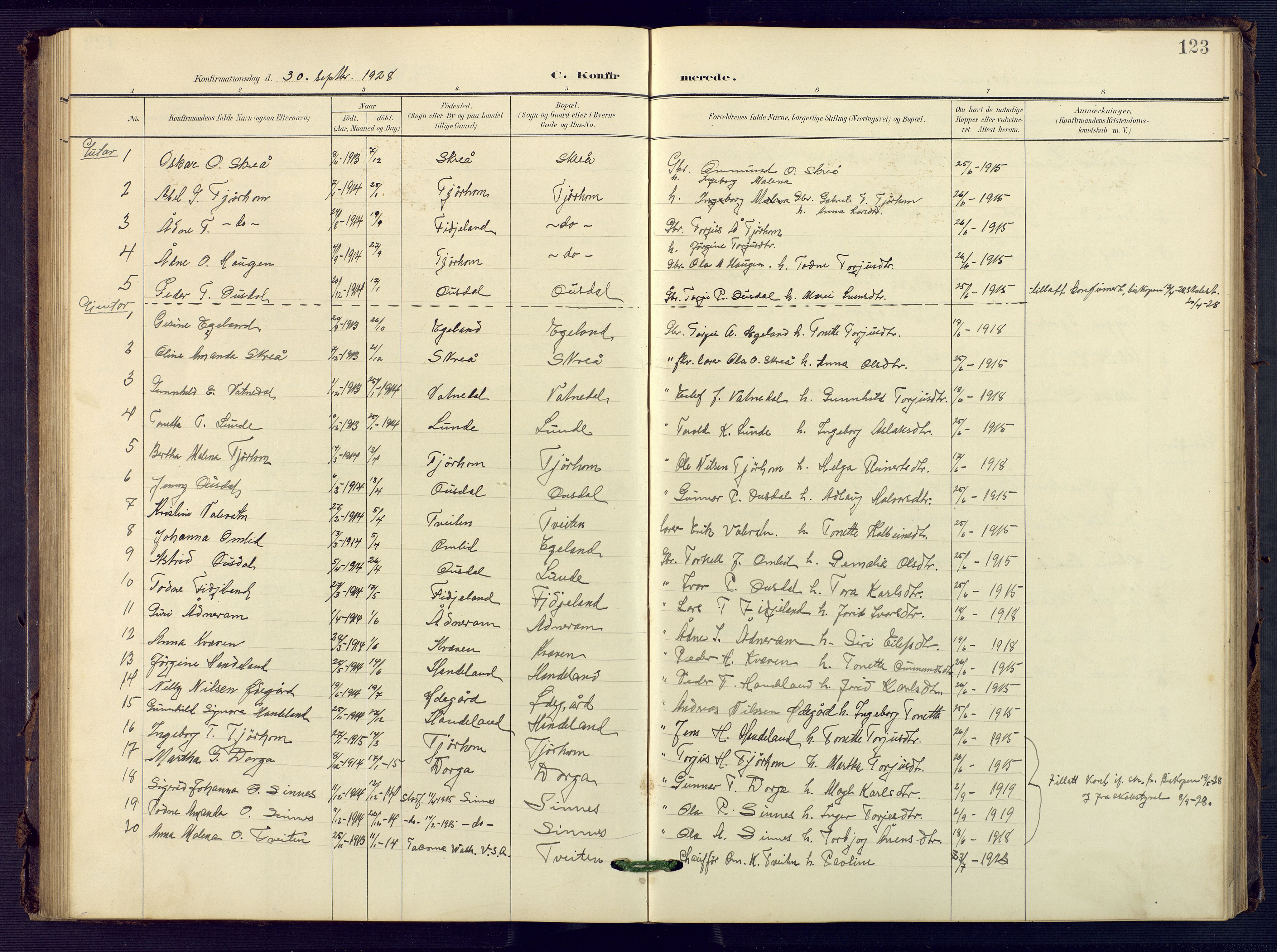 Sirdal sokneprestkontor, SAK/1111-0036/F/Fb/Fba/L0002: Parish register (copy) no. B 2, 1905-1958, p. 123