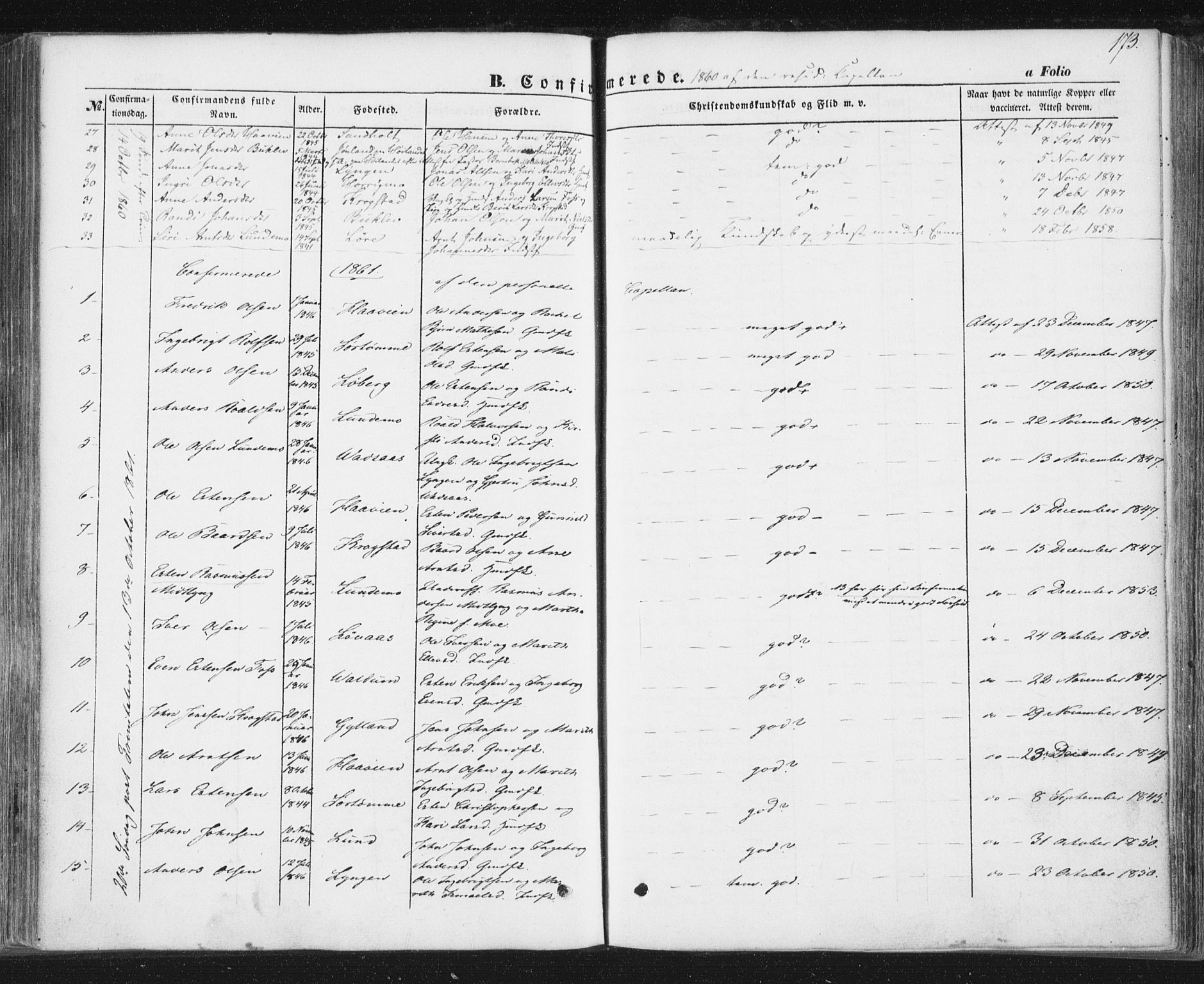Ministerialprotokoller, klokkerbøker og fødselsregistre - Sør-Trøndelag, SAT/A-1456/692/L1103: Parish register (official) no. 692A03, 1849-1870, p. 173