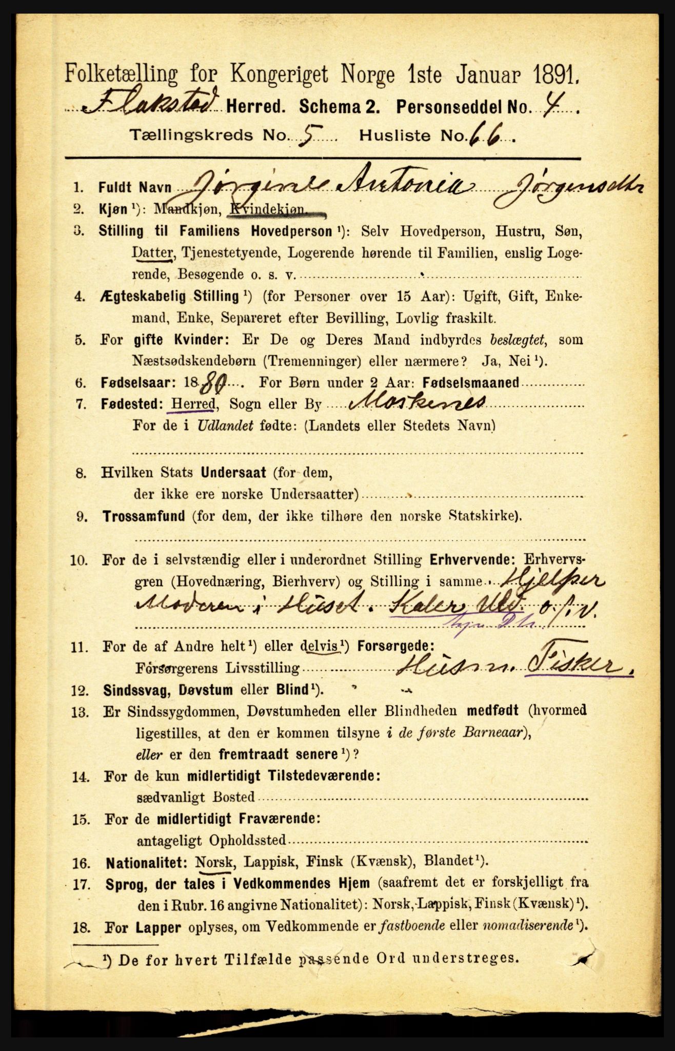 RA, 1891 census for 1859 Flakstad, 1891, p. 2922