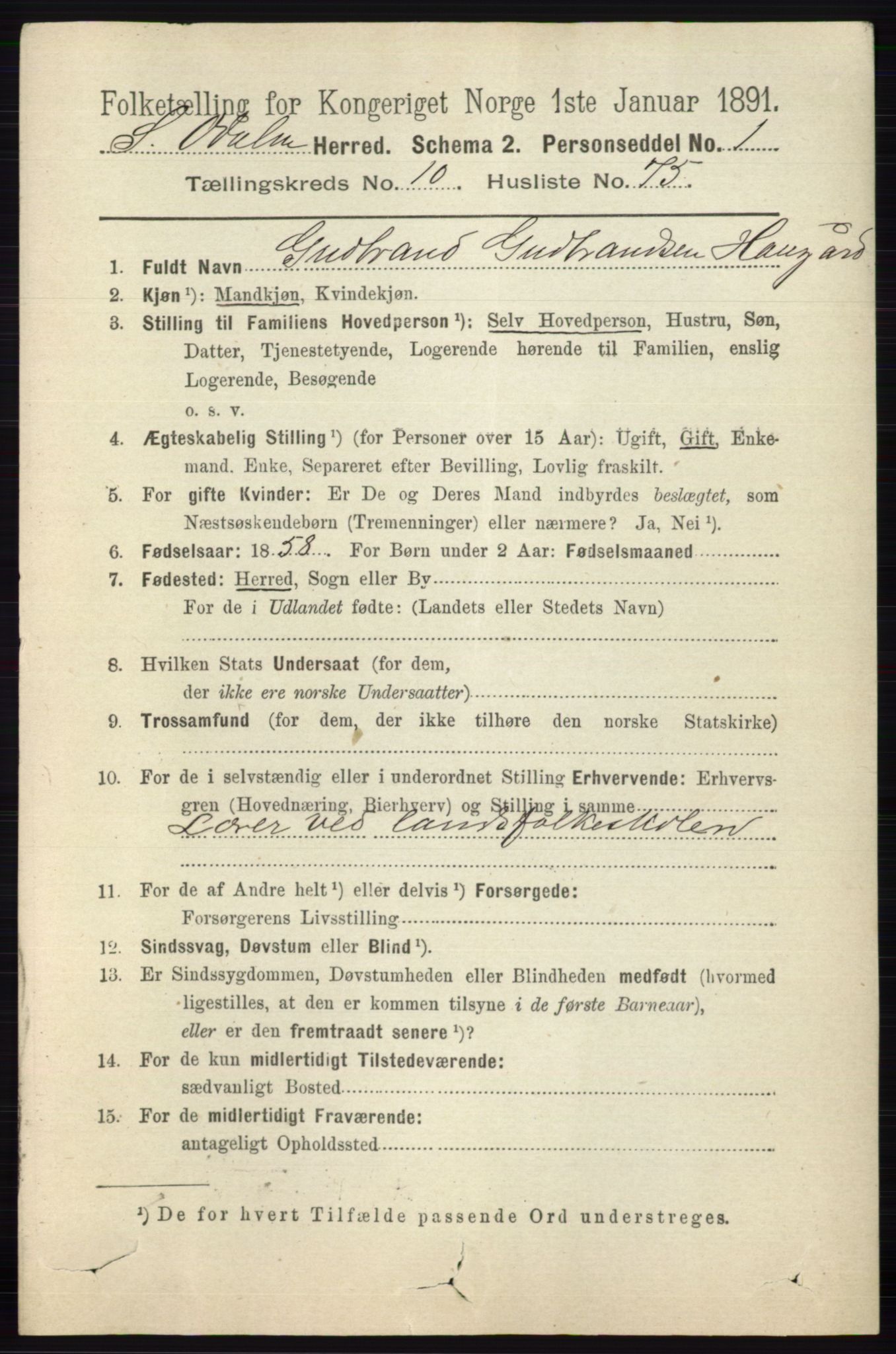 RA, 1891 census for 0419 Sør-Odal, 1891, p. 4820