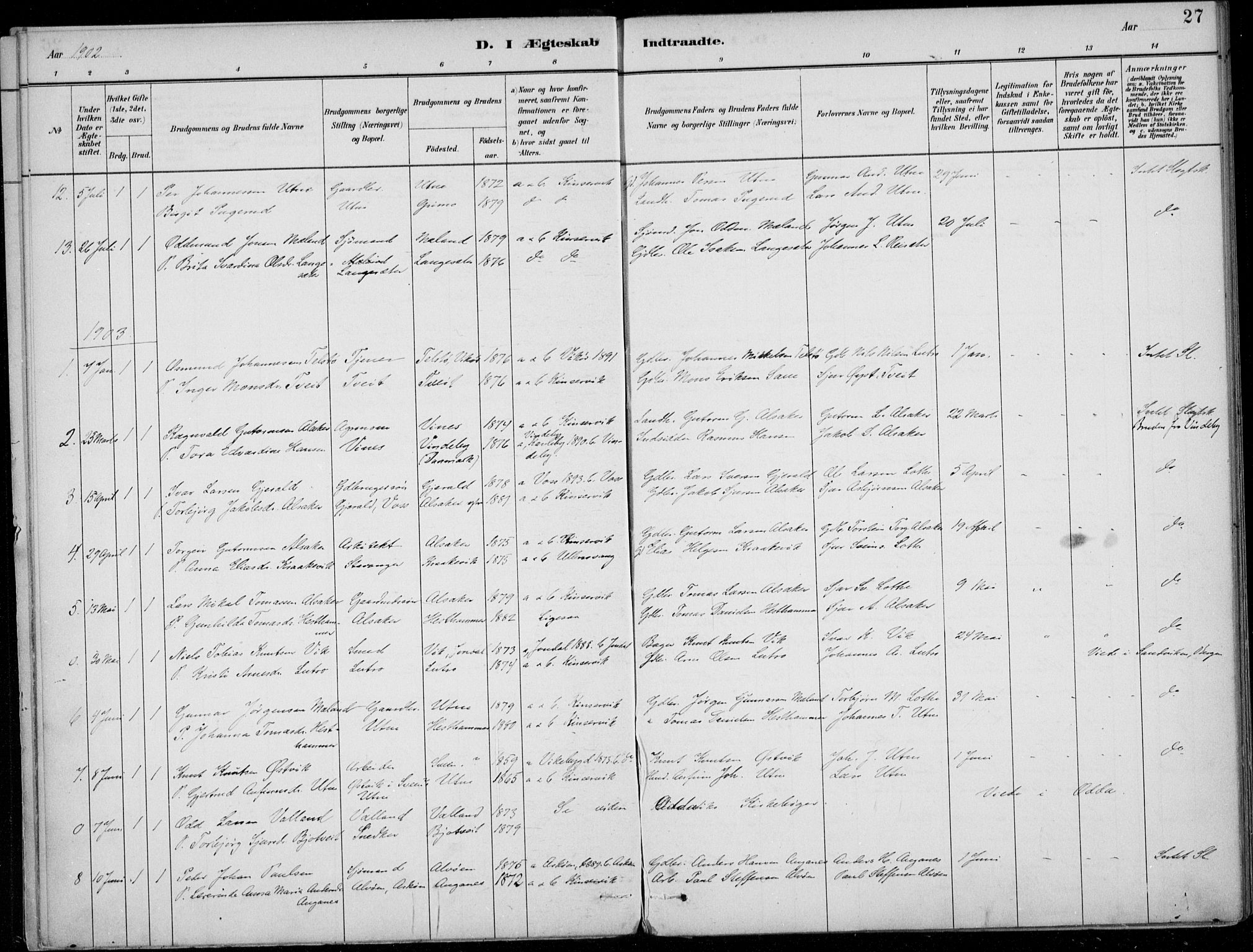 Ullensvang sokneprestembete, SAB/A-78701/H/Haa: Parish register (official) no. E  3, 1883-1916, p. 27