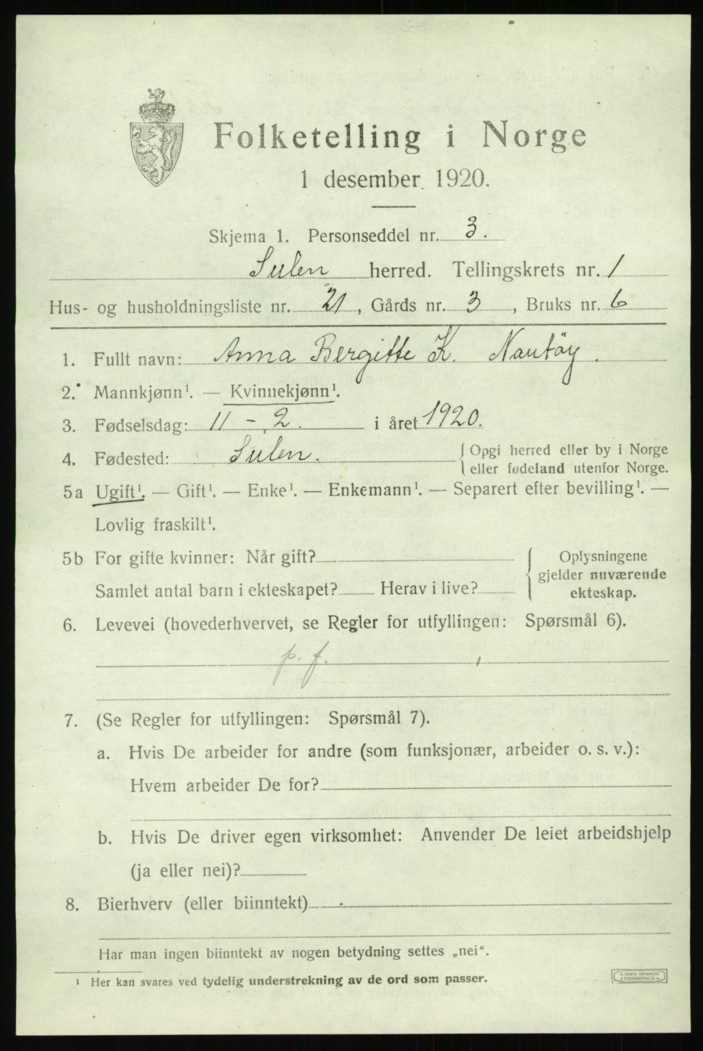 SAB, 1920 census for Solund, 1920, p. 954