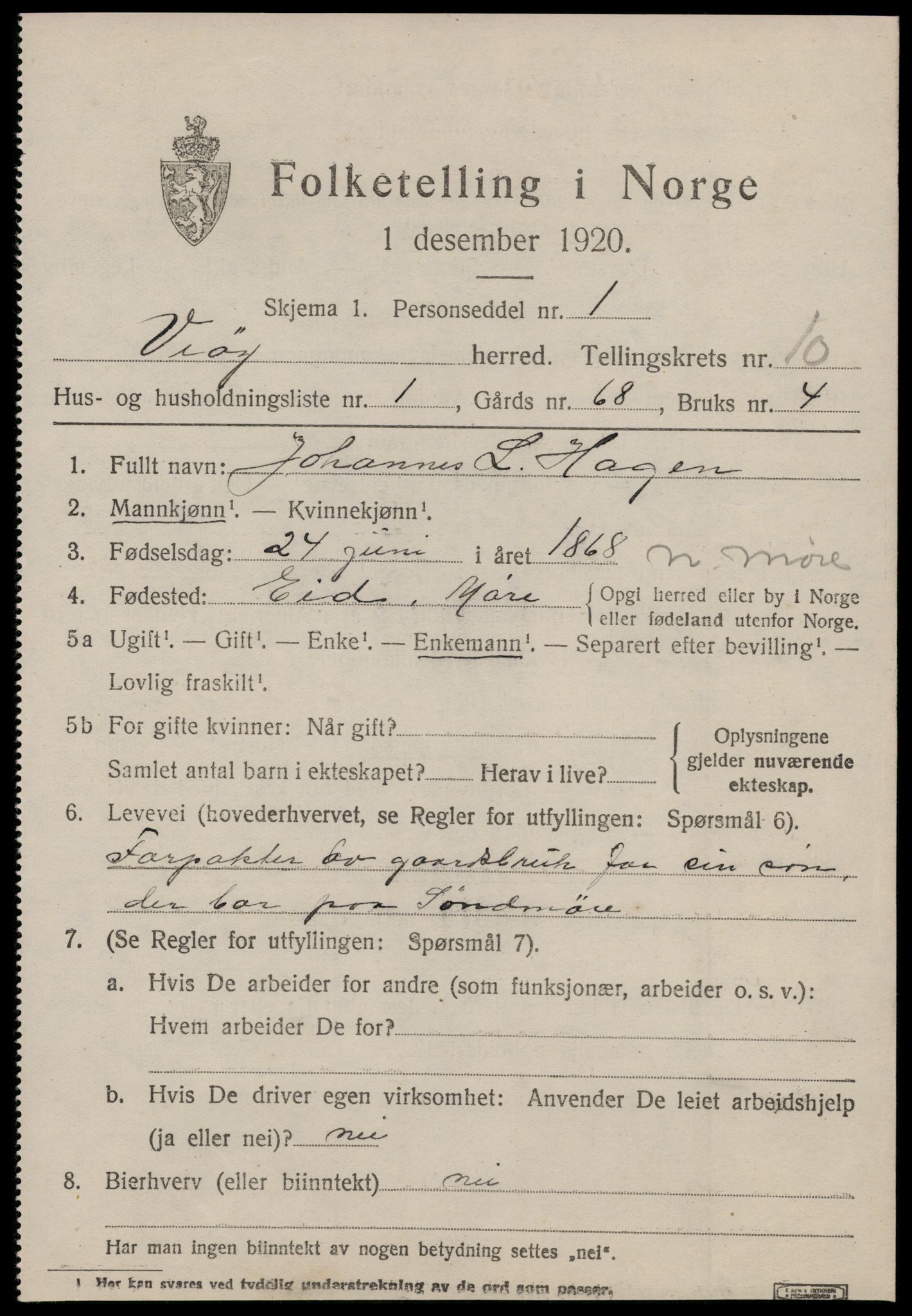 SAT, 1920 census for Veøy, 1920, p. 4713