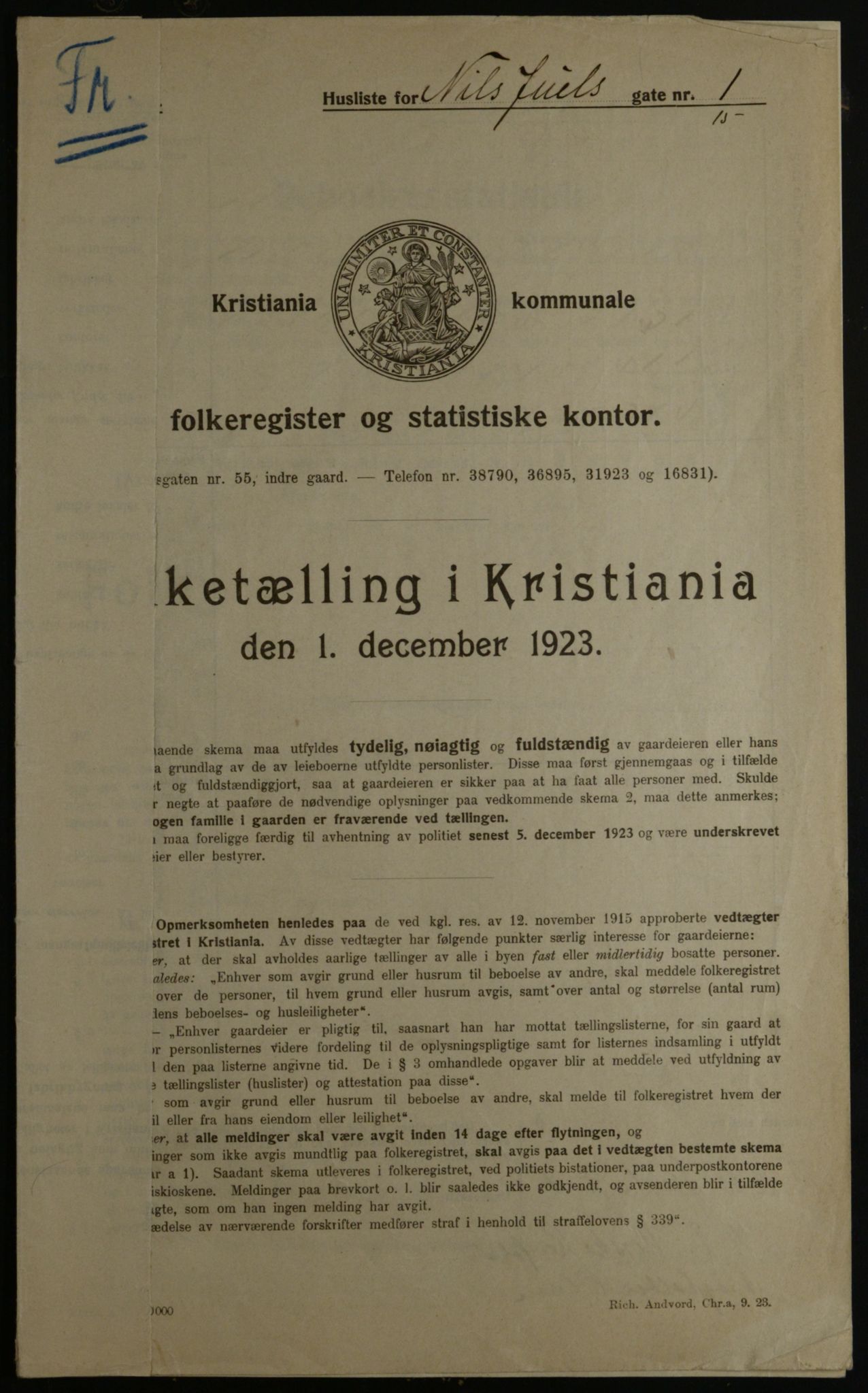 OBA, Municipal Census 1923 for Kristiania, 1923, p. 77255