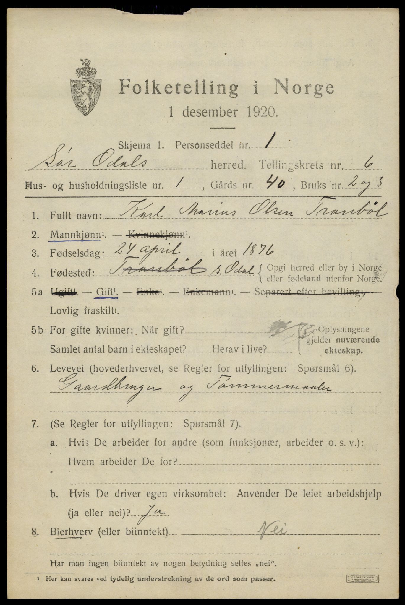 SAH, 1920 census for Sør-Odal, 1920, p. 6665