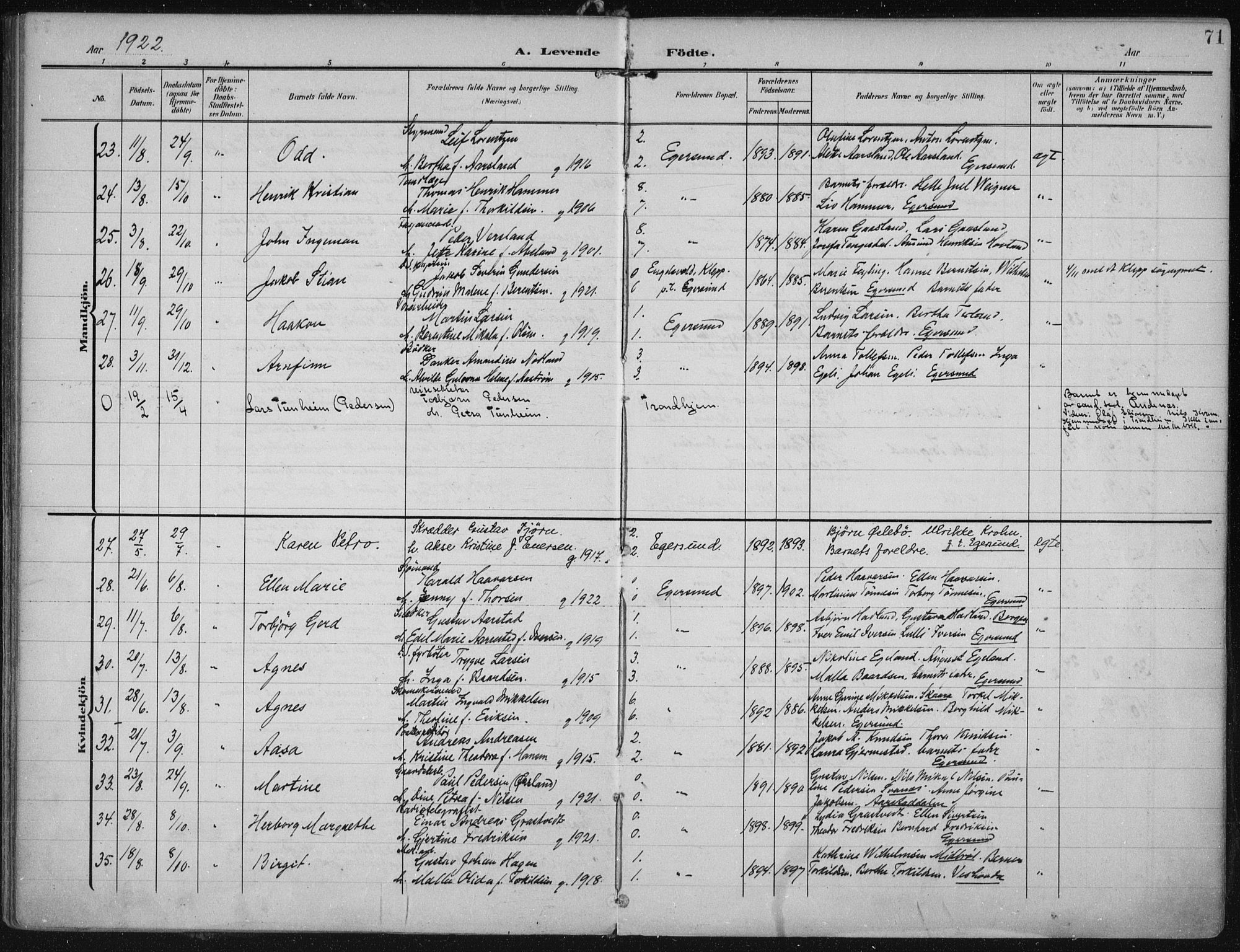 Eigersund sokneprestkontor, SAST/A-101807/S08/L0022: Parish register (official) no. A 21, 1905-1928, p. 71