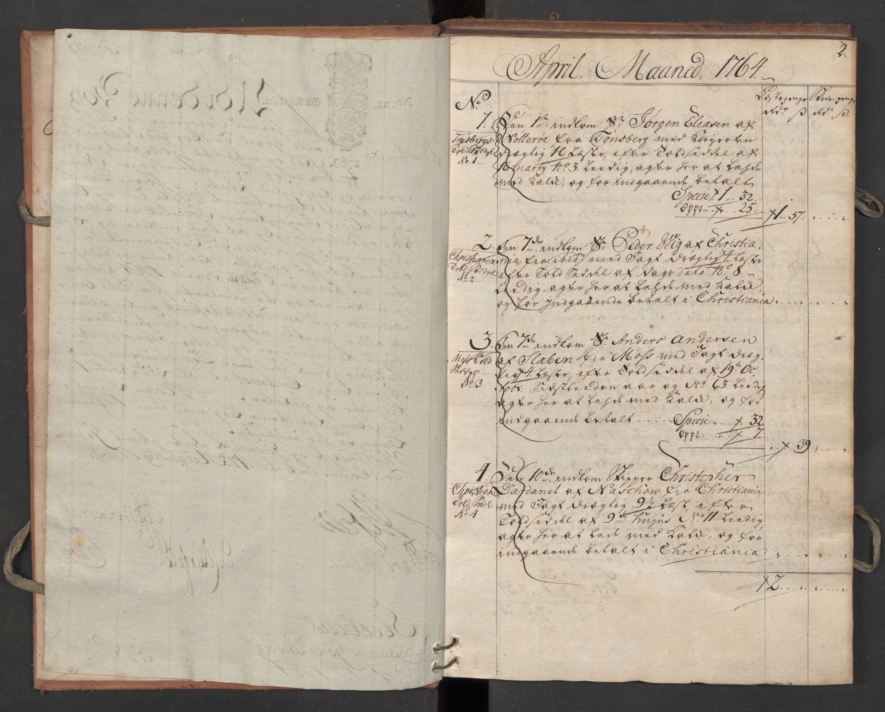Generaltollkammeret, tollregnskaper, AV/RA-EA-5490/R06/L0072/0001: Tollregnskaper Kristiania / Inngående hovedtollbok Slependen, 1764