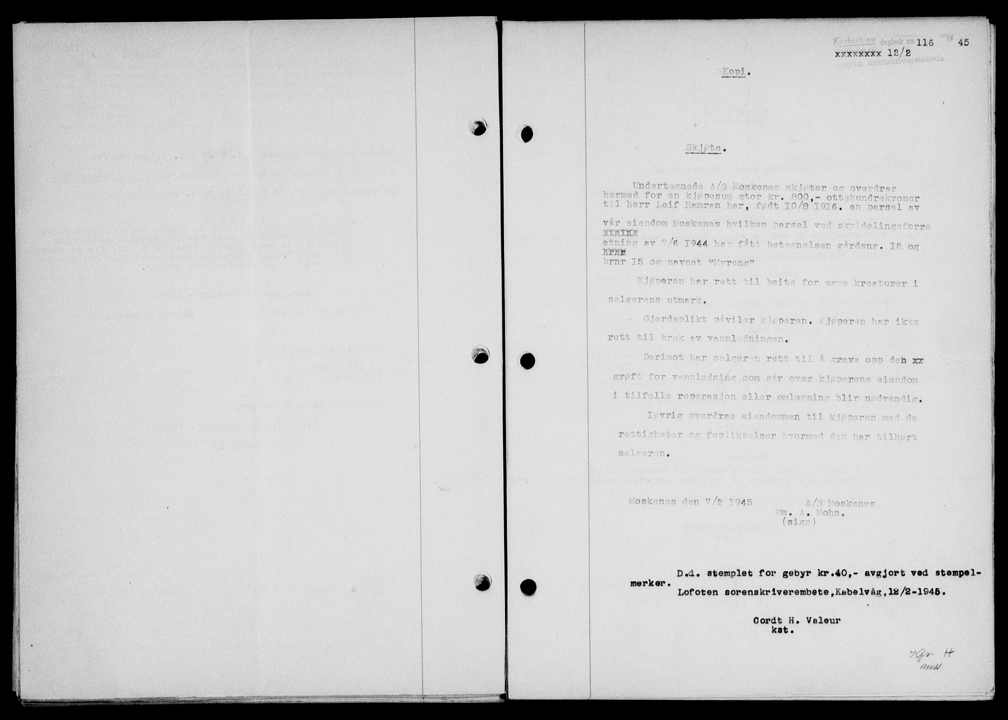 Lofoten sorenskriveri, SAT/A-0017/1/2/2C/L0013a: Mortgage book no. 13a, 1944-1946, Diary no: : 116/1945