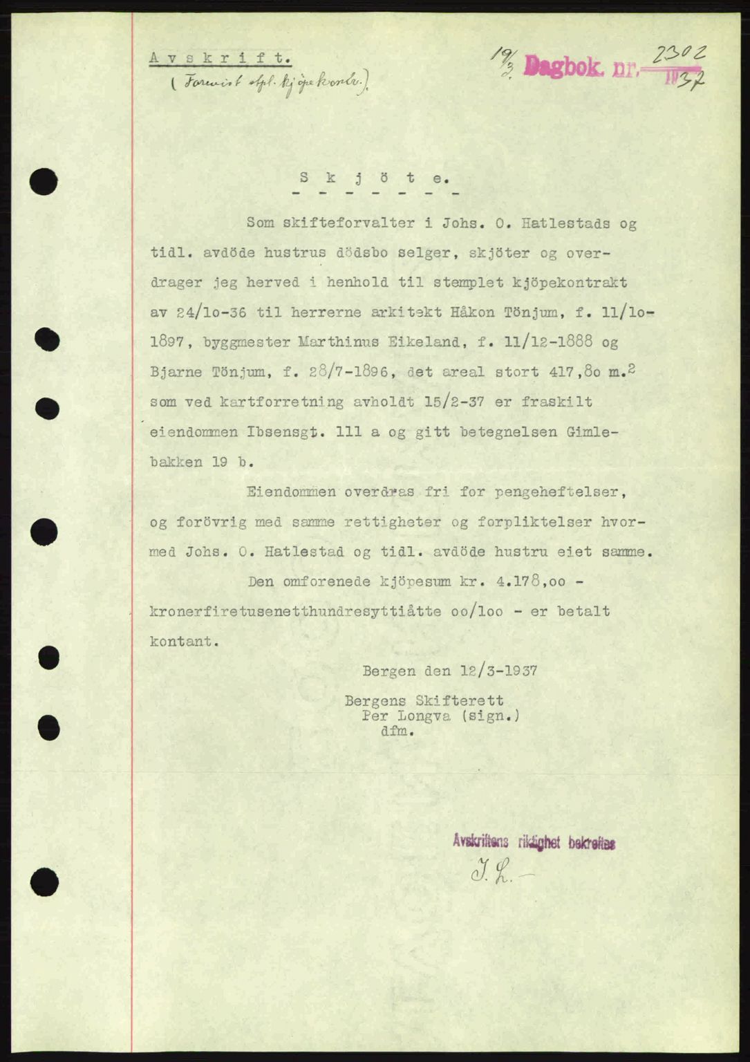 Byfogd og Byskriver i Bergen, SAB/A-3401/03/03Bc/L0004: Mortgage book no. A3-4, 1936-1937, Diary no: : 2302/1937