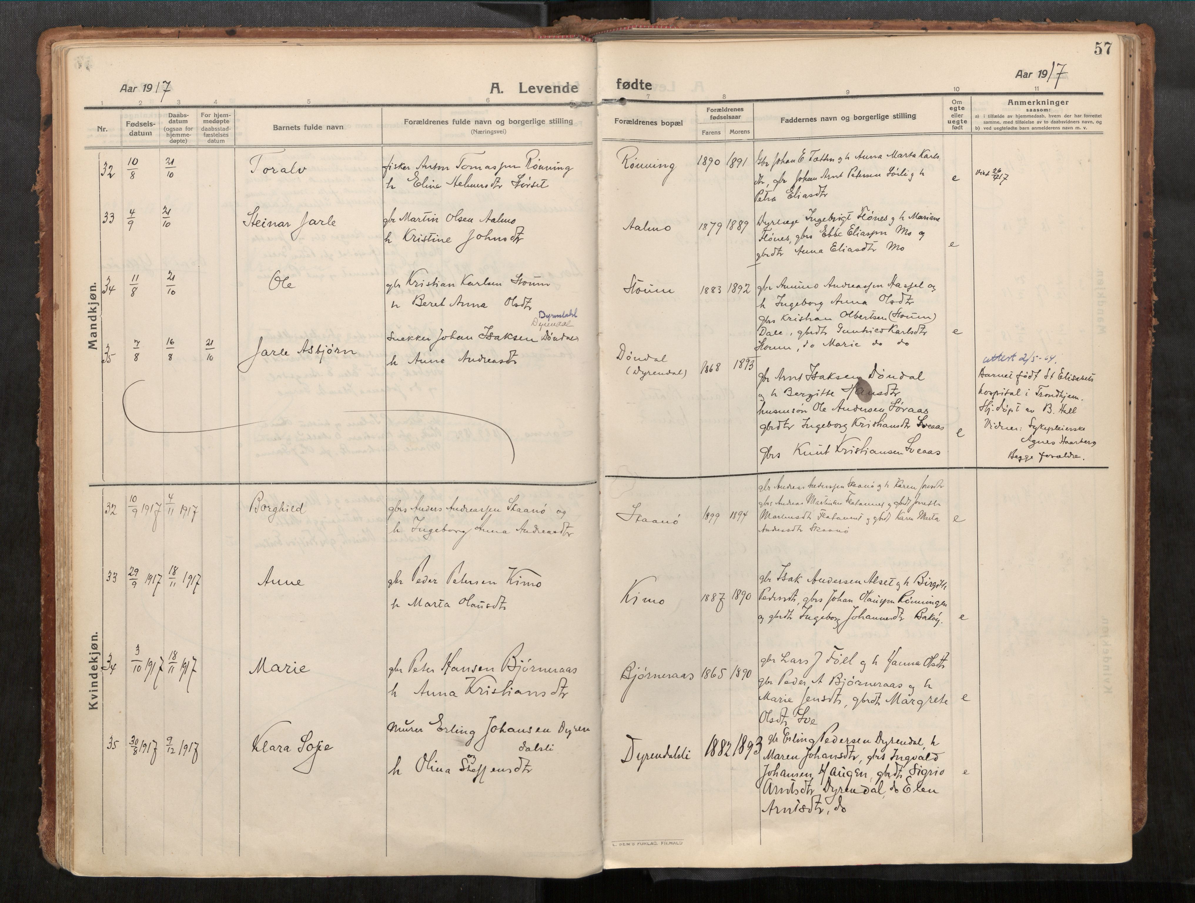 Stadsbygd sokneprestkontor, AV/SAT-A-1117/1/I/I1/I1a/L0001: Parish register (official) no. 1, 1911-1929, p. 57