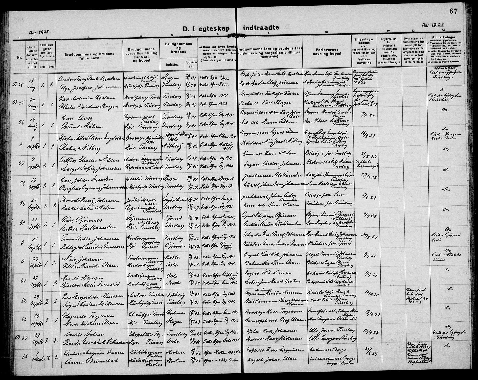 Tønsberg kirkebøker, AV/SAKO-A-330/G/Ga/L0016: Parish register (copy) no. 16, 1920-1933, p. 67