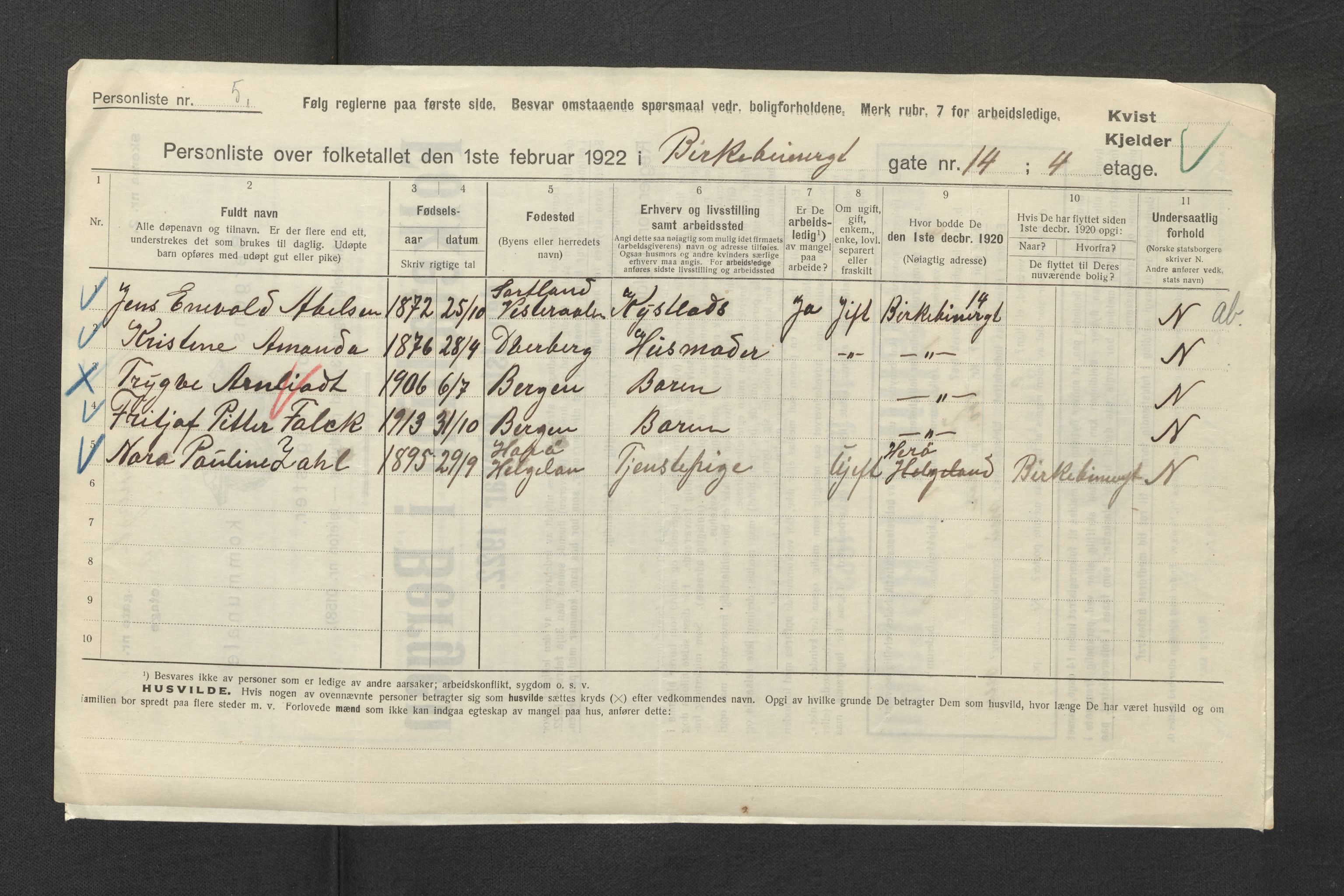 SAB, Municipal Census 1922 for Bergen, 1922, p. 2760