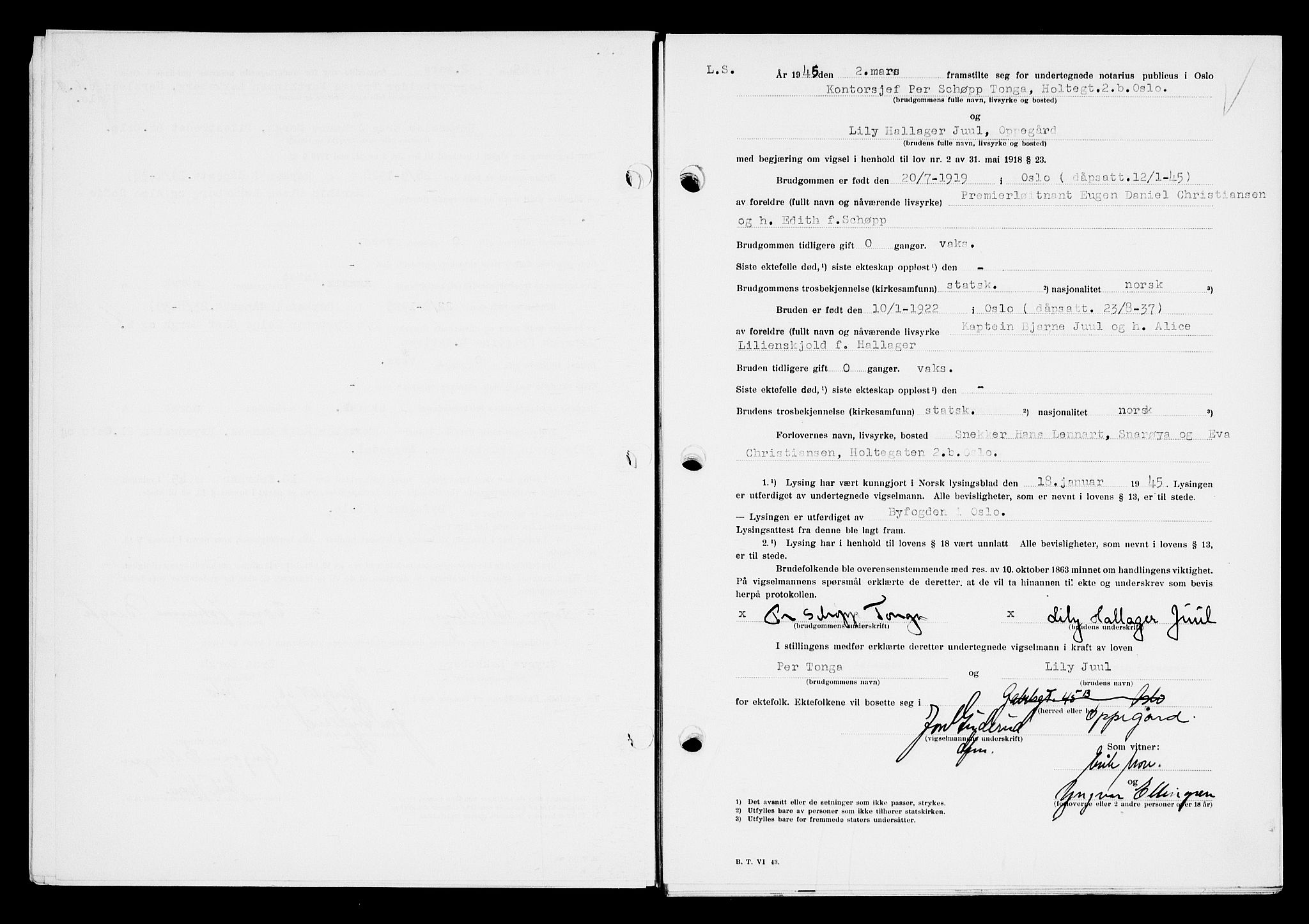 Oslo byfogd avd. I, AV/SAO-A-10220/L/Lb/Lbb/L0053: Notarialprotokoll, rekke II: Vigsler, 1945