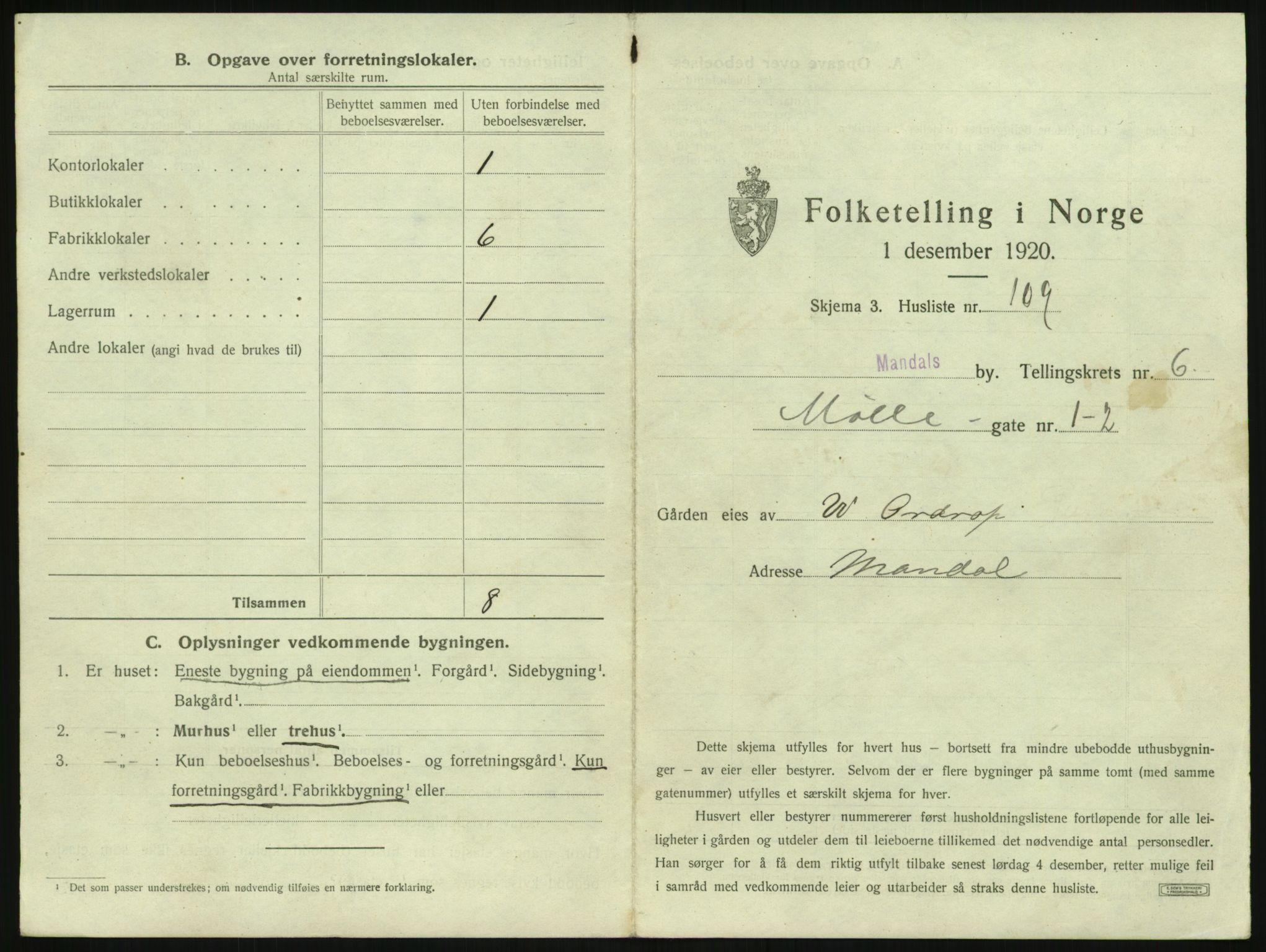 SAK, 1920 census for Mandal, 1920, p. 1403