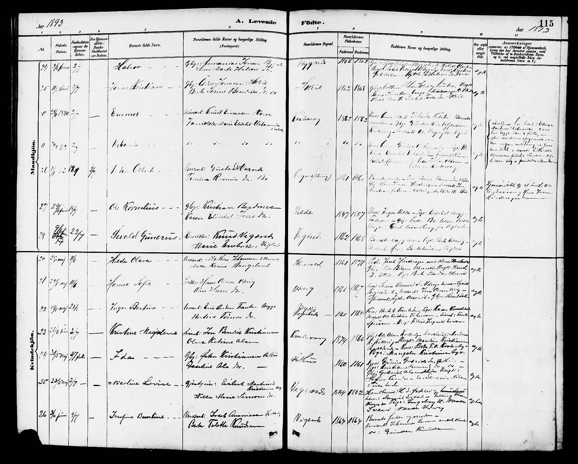 Avaldsnes sokneprestkontor, AV/SAST-A -101851/H/Ha/Hab/L0007: Parish register (copy) no. B 7, 1885-1909, p. 115