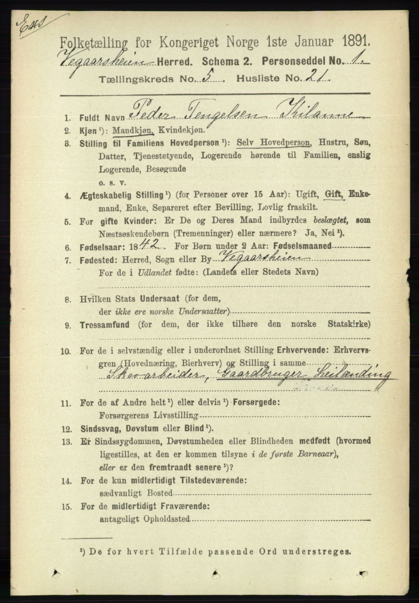 RA, Census 1891 for Nedenes amt: Gjenparter av personsedler for beslektede ektefeller, menn, 1891, p. 16