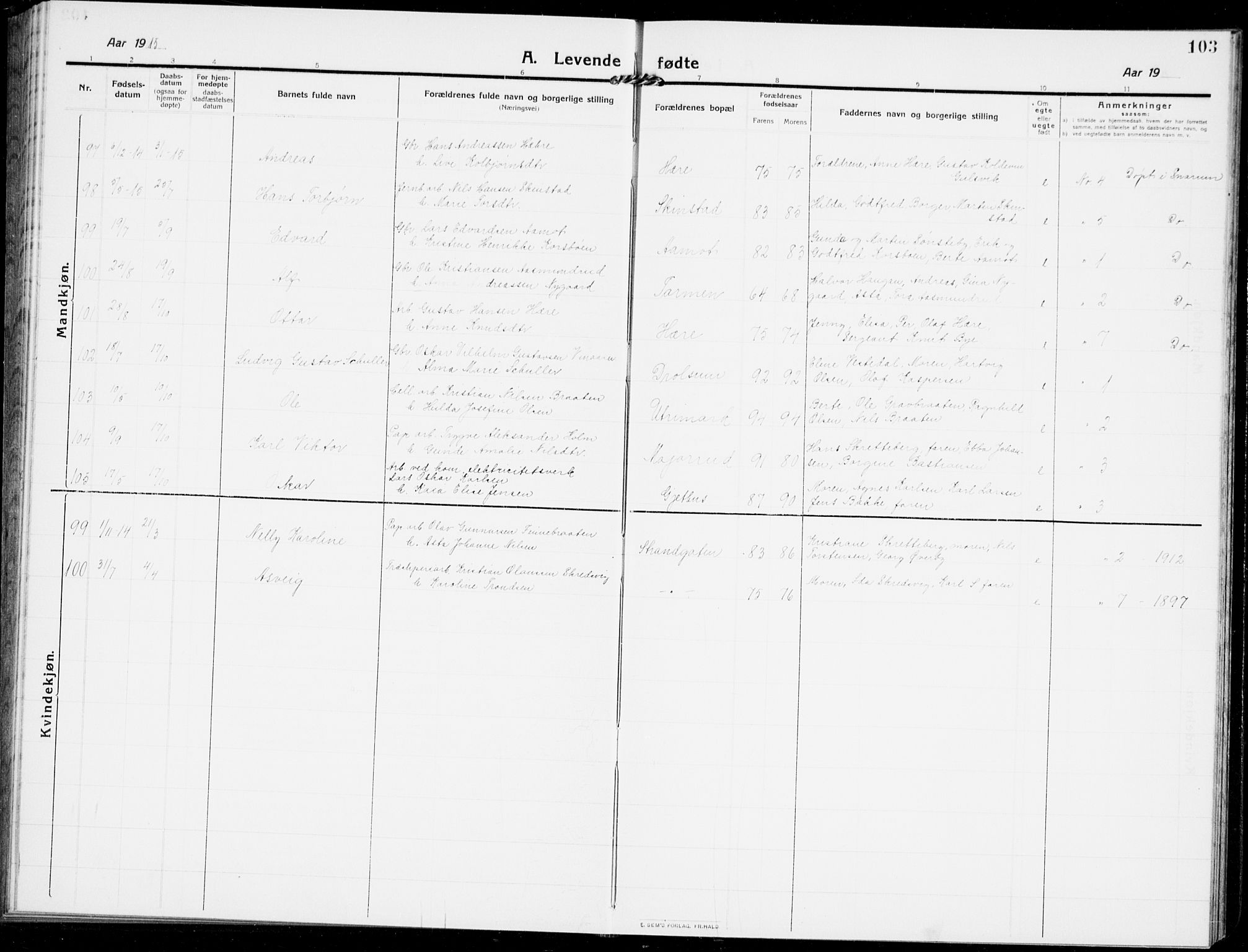 Modum kirkebøker, AV/SAKO-A-234/G/Ga/L0009: Parish register (copy) no. I 9, 1909-1923, p. 103