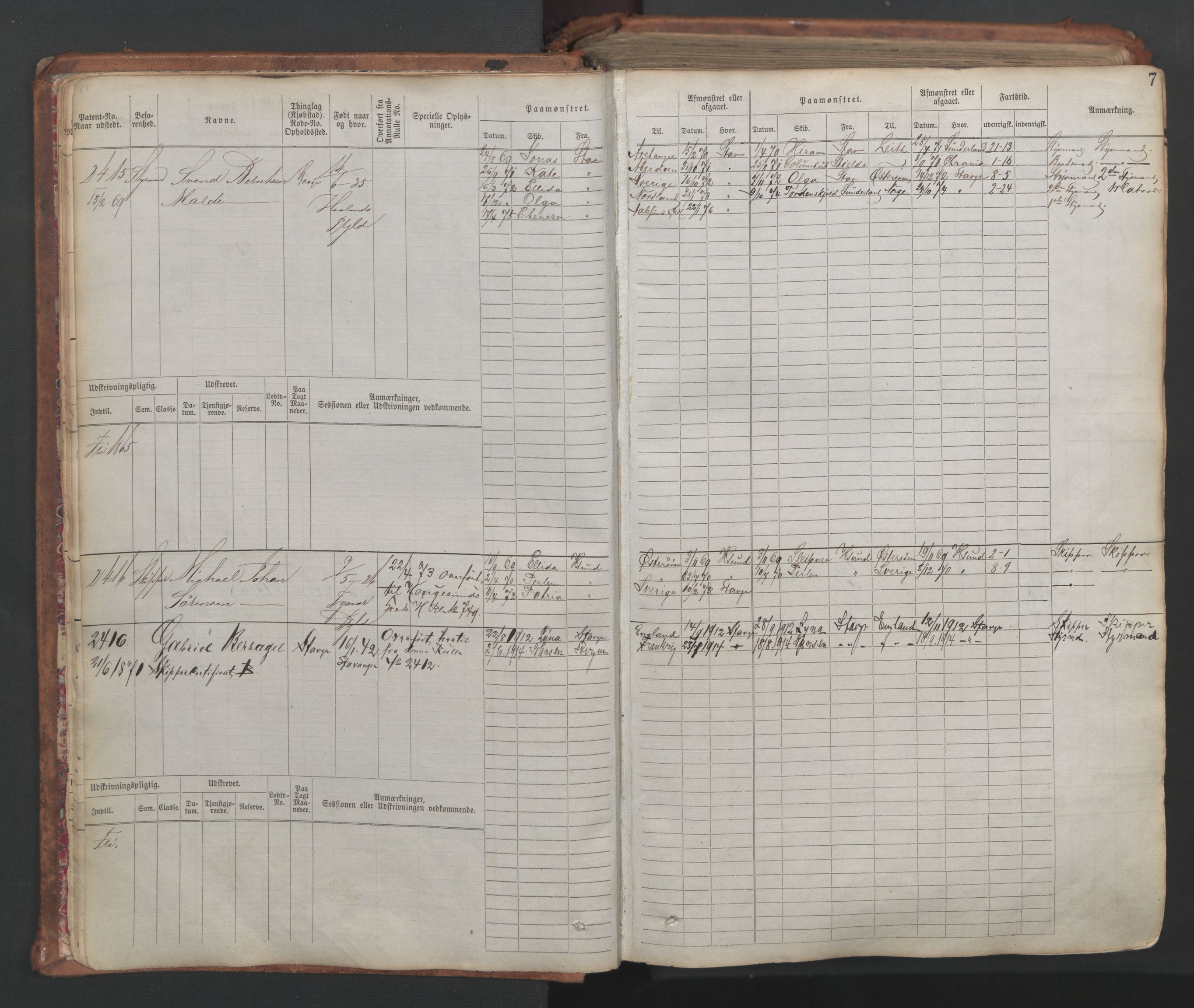 Stavanger sjømannskontor, AV/SAST-A-102006/F/Fb/Fbb/L0007: Sjøfartshovedrulle, patentnr. 2403-3604, 1869-1880, p. 10