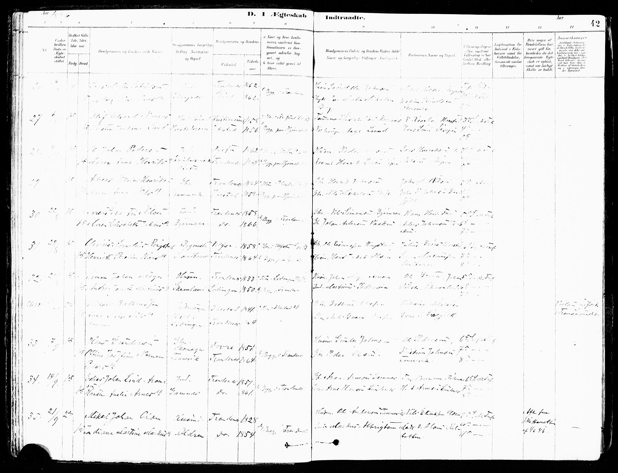 Trondenes sokneprestkontor, SATØ/S-1319/H/Ha/L0015kirke: Parish register (official) no. 15, 1878-1889, p. 42