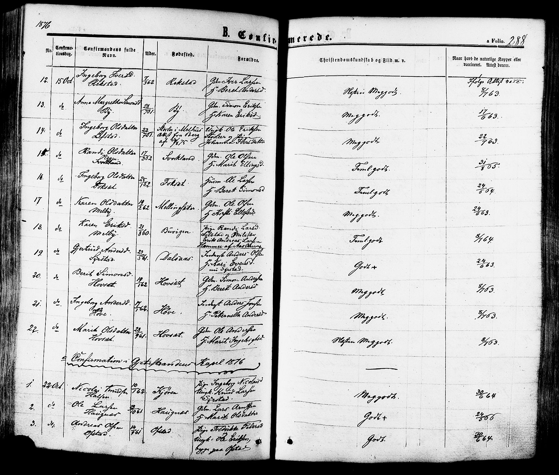 Ministerialprotokoller, klokkerbøker og fødselsregistre - Sør-Trøndelag, AV/SAT-A-1456/665/L0772: Parish register (official) no. 665A07, 1856-1878, p. 288