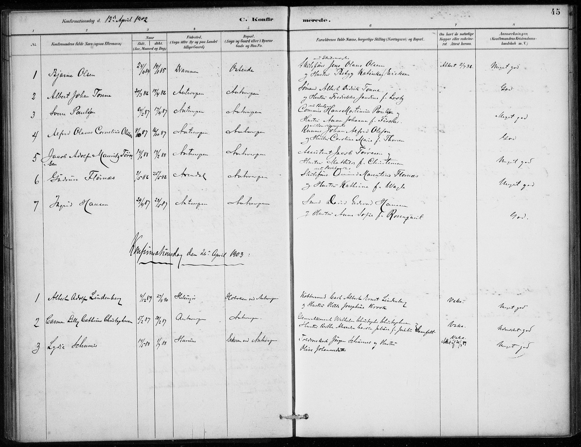 Den norske sjømannsmisjon i utlandet/Antwerpen, AV/SAB-SAB/PA-0105/H/Ha/L0002: Parish register (official) no. A 2, 1887-1913, p. 45