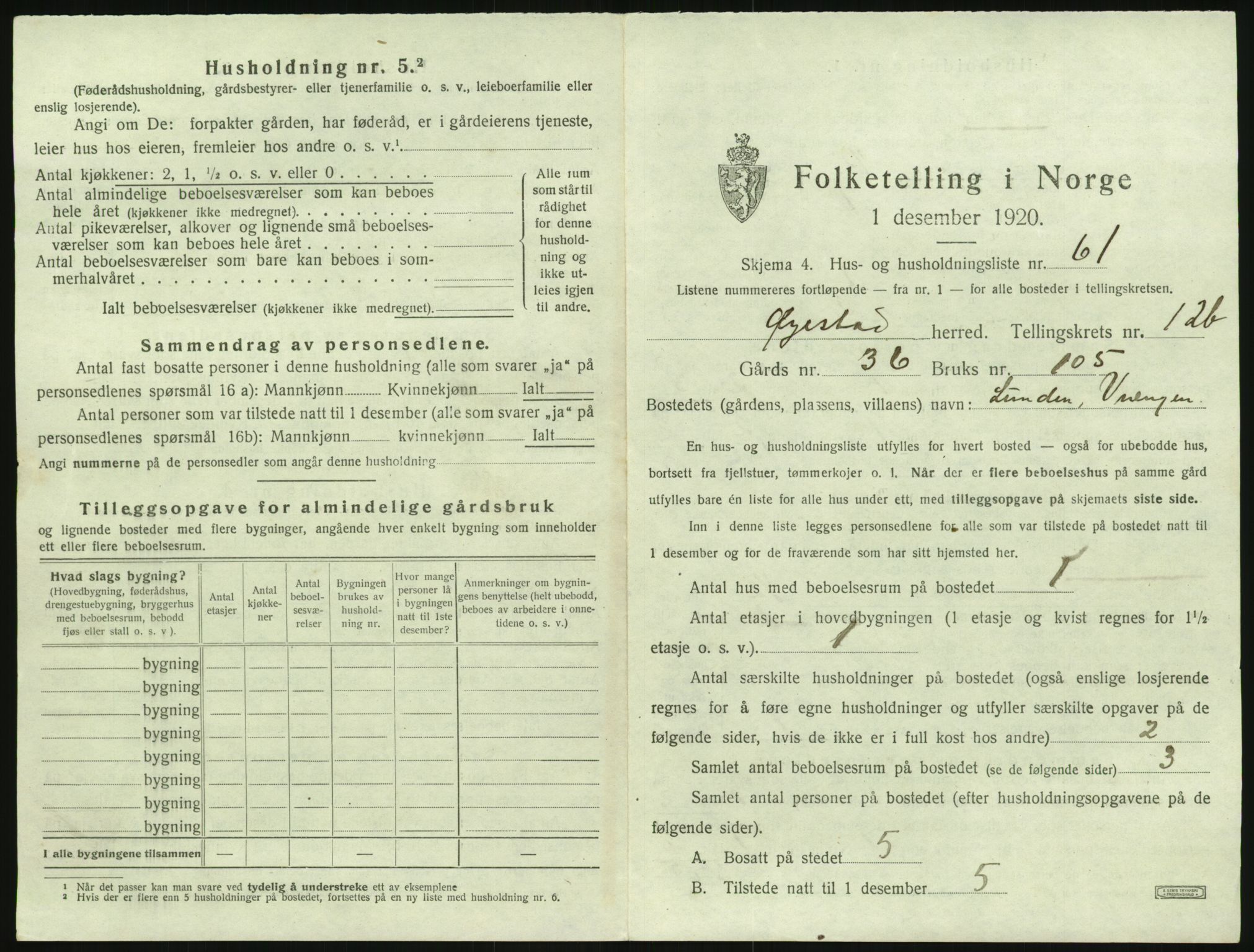 SAK, 1920 census for Øyestad, 1920, p. 1336