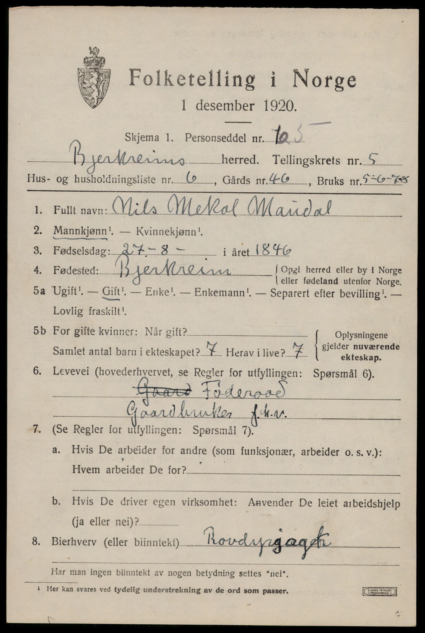 SAST, 1920 census for Bjerkreim, 1920, p. 2122