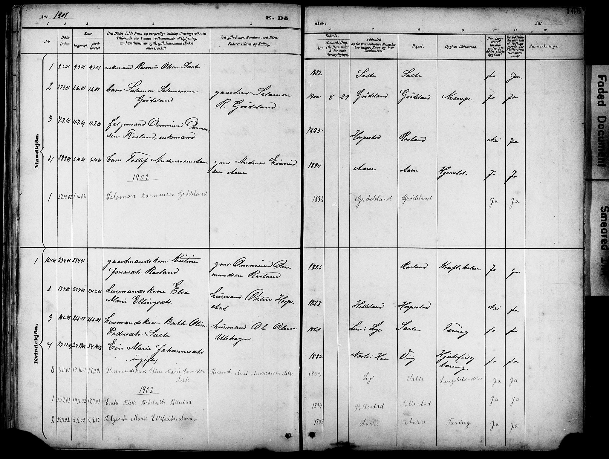 Klepp sokneprestkontor, AV/SAST-A-101803/001/3/30BB/L0005: Parish register (copy) no. B 5, 1889-1918, p. 166