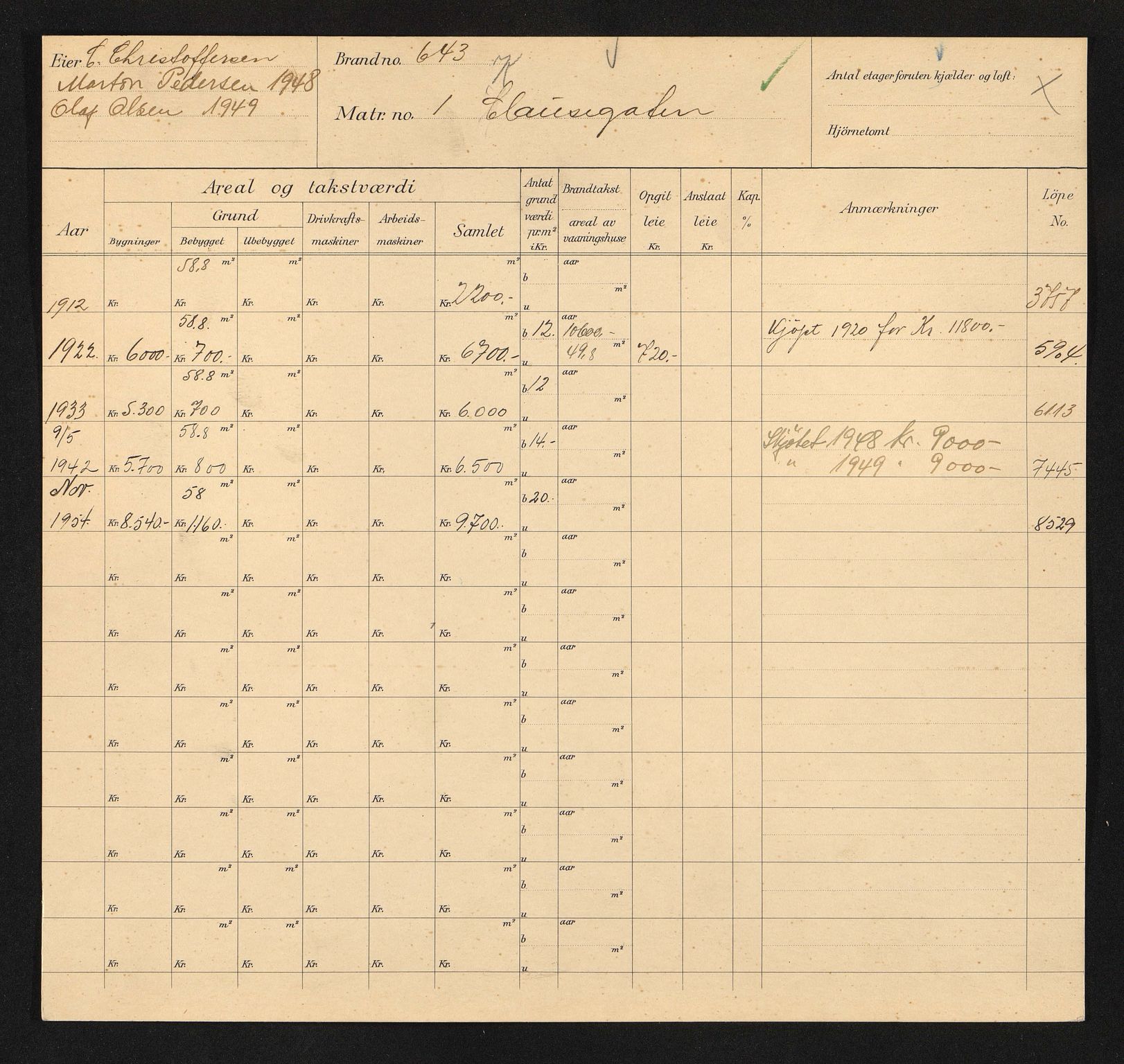 Stavanger kommune. Skattetakstvesenet, BYST/A-0440/F/Fa/Faa/L0025/0002: Skattetakstkort / Klasaskjæret 1 - Klausegata - Klinkenberggata 7