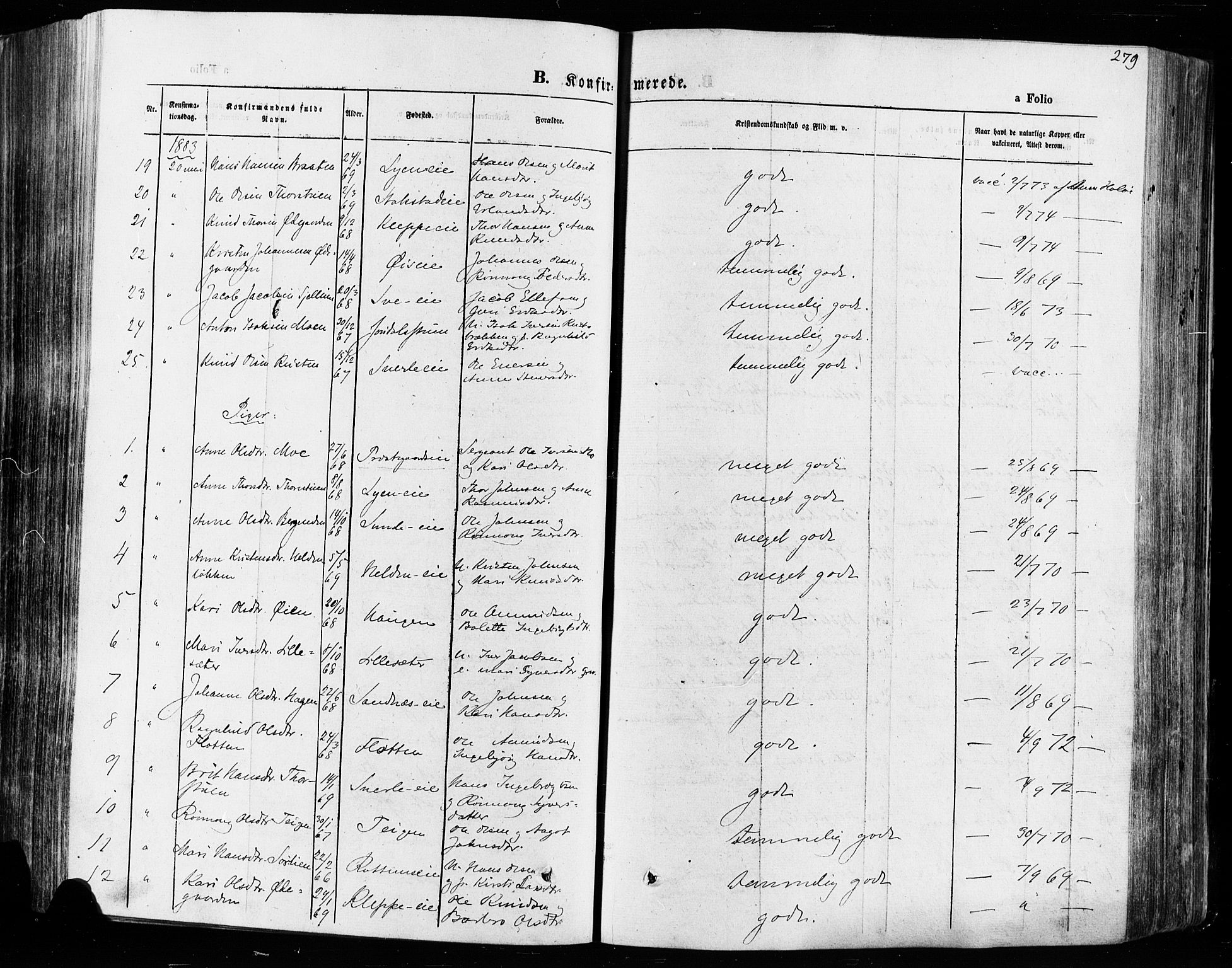 Vågå prestekontor, SAH/PREST-076/H/Ha/Haa/L0007: Parish register (official) no. 7 /1, 1872-1886, p. 279